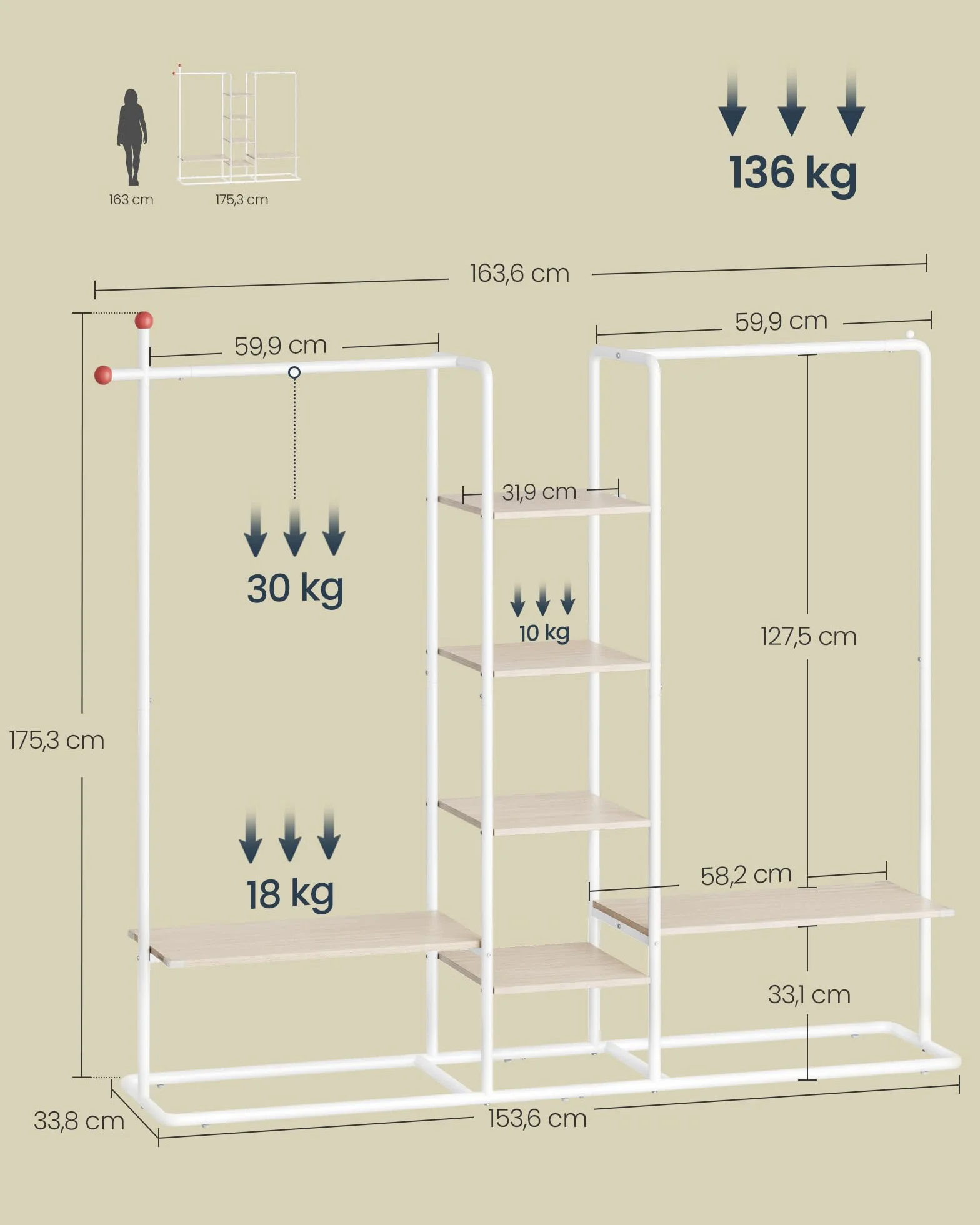 SONGMICS HOME Wieszak na ubrania, otwarta szafa, wieszak na ubrania, 6 półek, 2 drążki na ubrania, wieszaki zapałkowe, do sypialni, naturalny beż-matowa biel RGR012K01