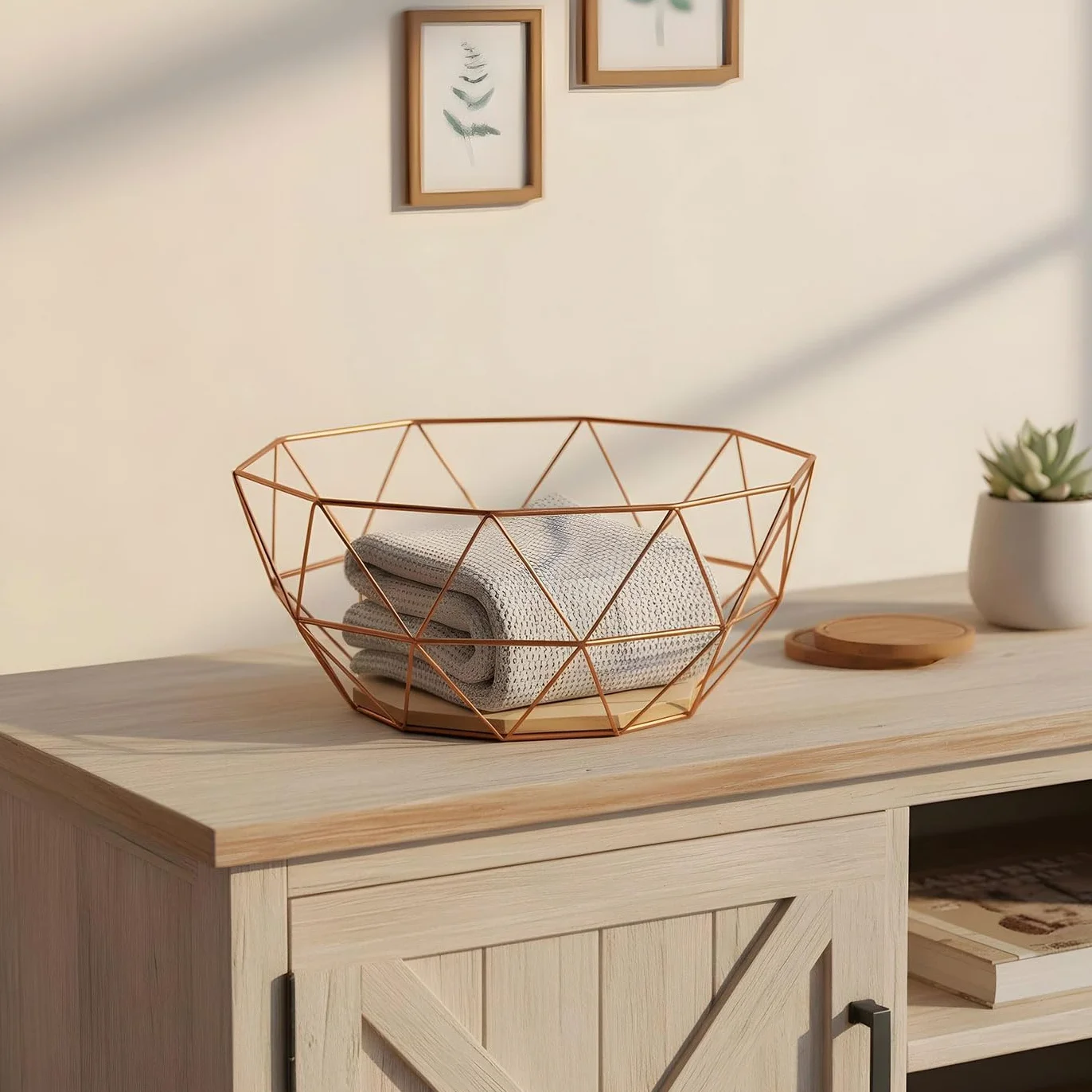 levandeo Kosz metalowy miedziany 26 x 12 cm kosz na owoce nowoczesny drewno MDF brązowy miska dekoracyjna design dekoracja stołu