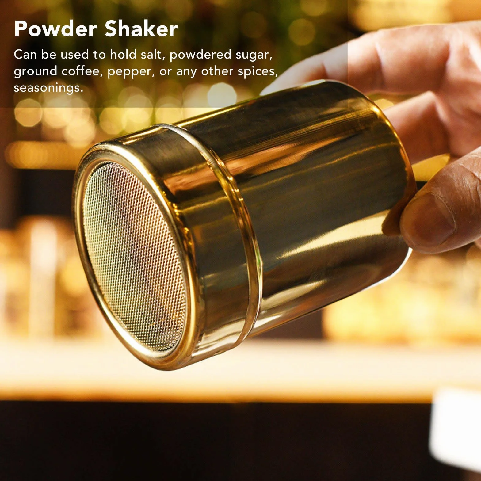 Mąka Sugar Solniczka Shaker ze stali nierdzewnej, czekolada w proszku, cukier puder, sól, mąka kakaowa, przesiewacz do kawy, złoty