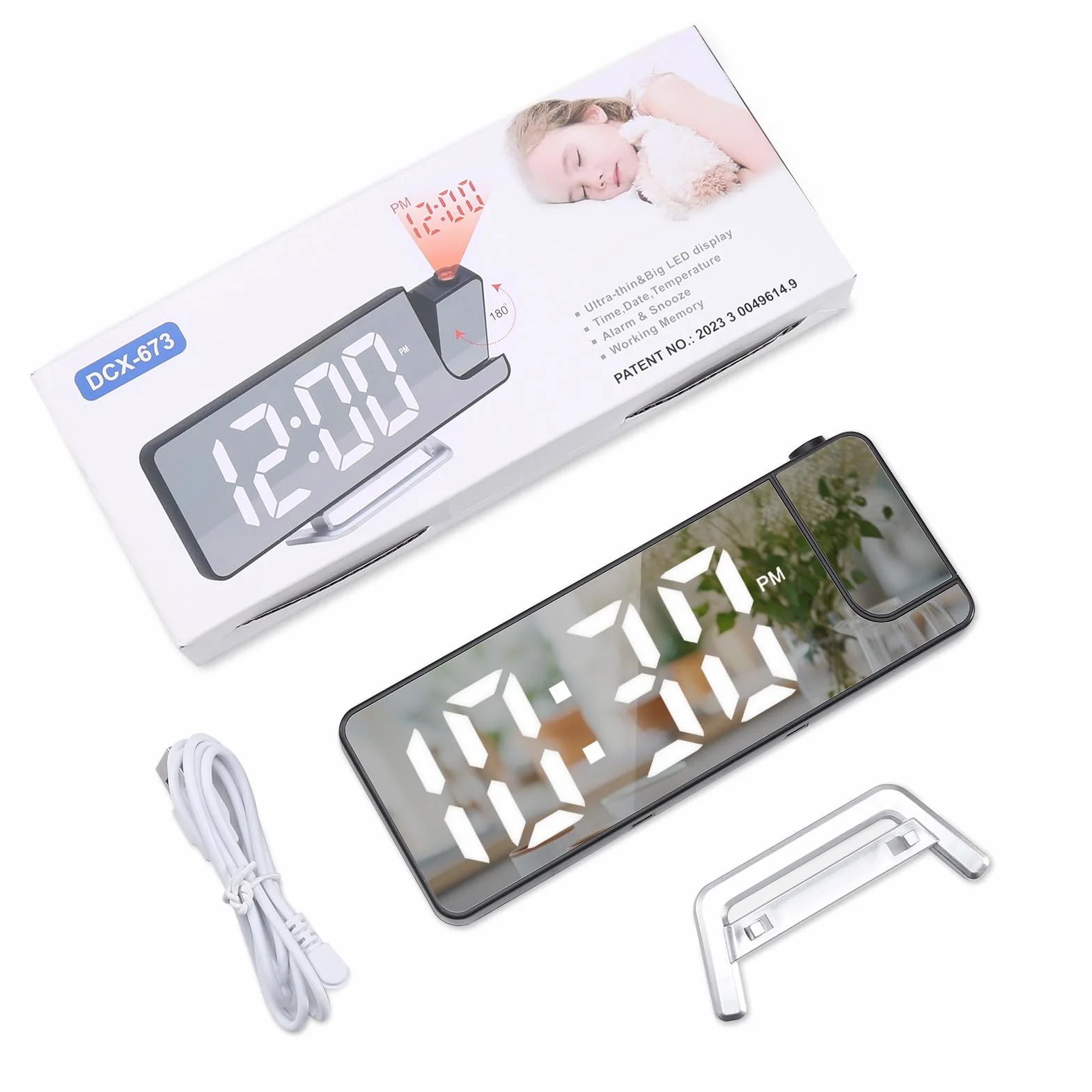 Reveil sufit projektora, projekcja lustra budzika, cyfrowy budzik z dużym ekranem 7,9-calowa dioda LED, temperatura, ściemniacz, drzemka, tryb nocny, cyfrowy projektor zegara 180°