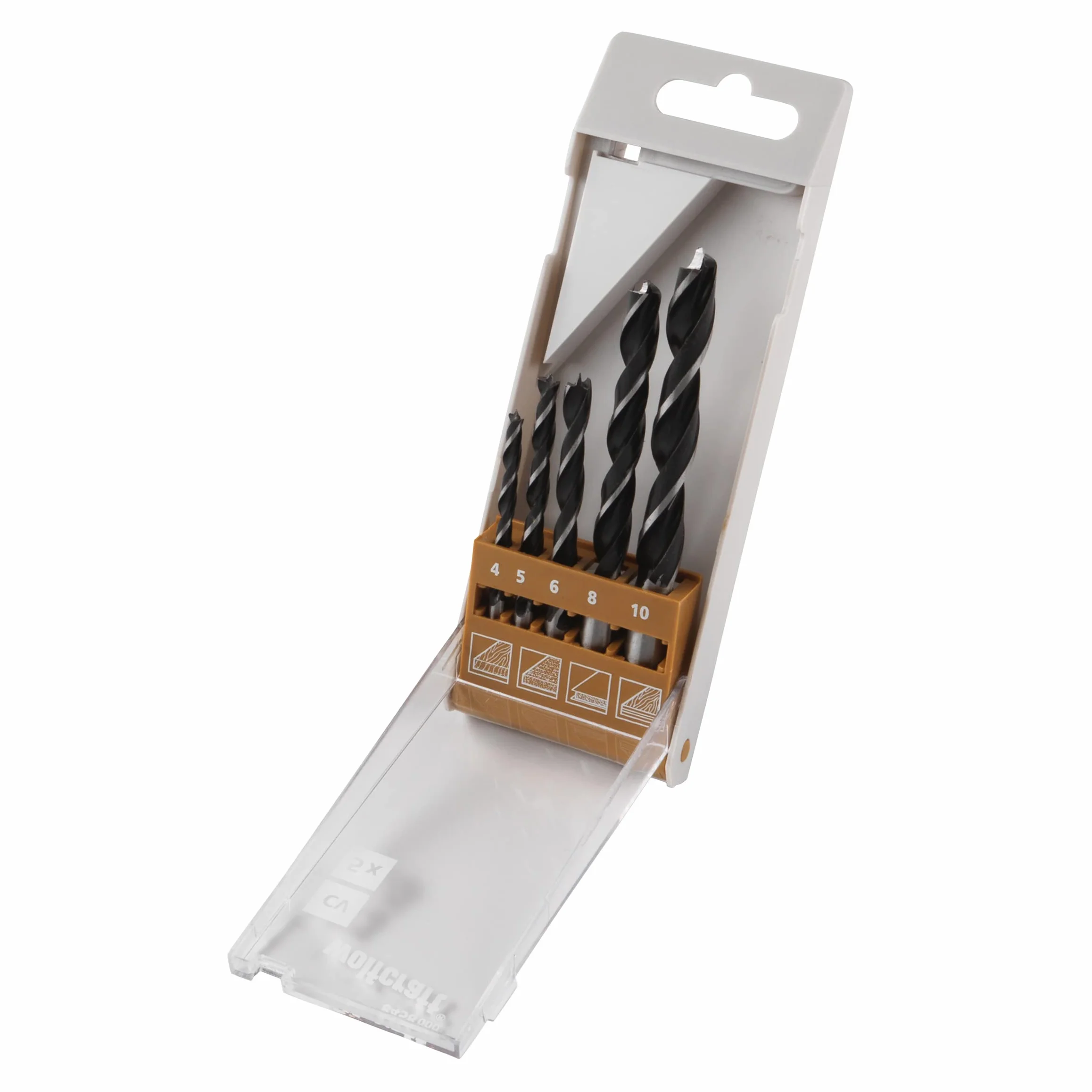 Wolfcraft 8458000 CV Wiertła spiralne do drewna, kompozytowe Ø 4.0-5.0-6.0-8.0-10.0 mm w opakowaniu 5 plastikowe etui, srebrny