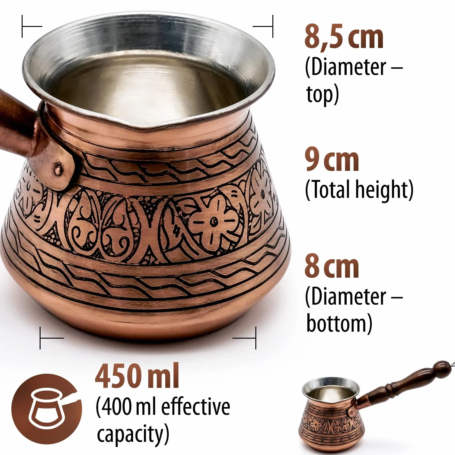Miedziany Cezve Ibrik Turkish Coffee Pot 450 ml Ręcznie Wykonany Grawerowany 2 mm