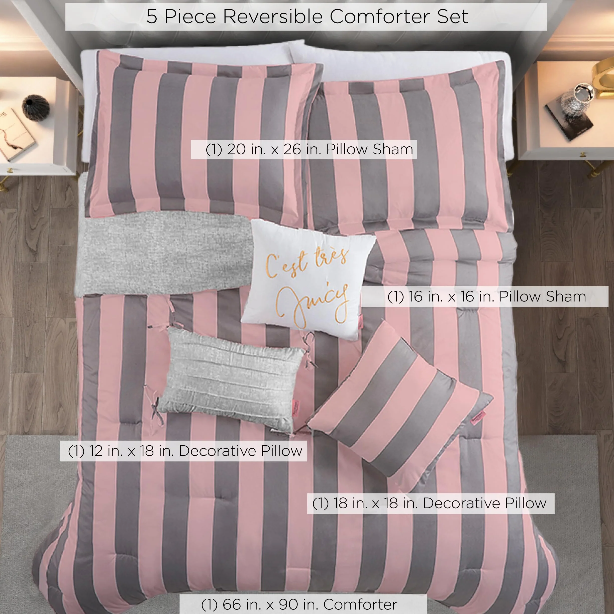 Juicy Couture Cabana Dwustronny zestaw pościeli w paski - rozmiar Twin XL - różowy i szary nadruk w paski - 5-częściowy zestaw - zawiera 1 kołdrę 66 x 90 cm, 3 poduszki dekoracyjne, 1 poszewka