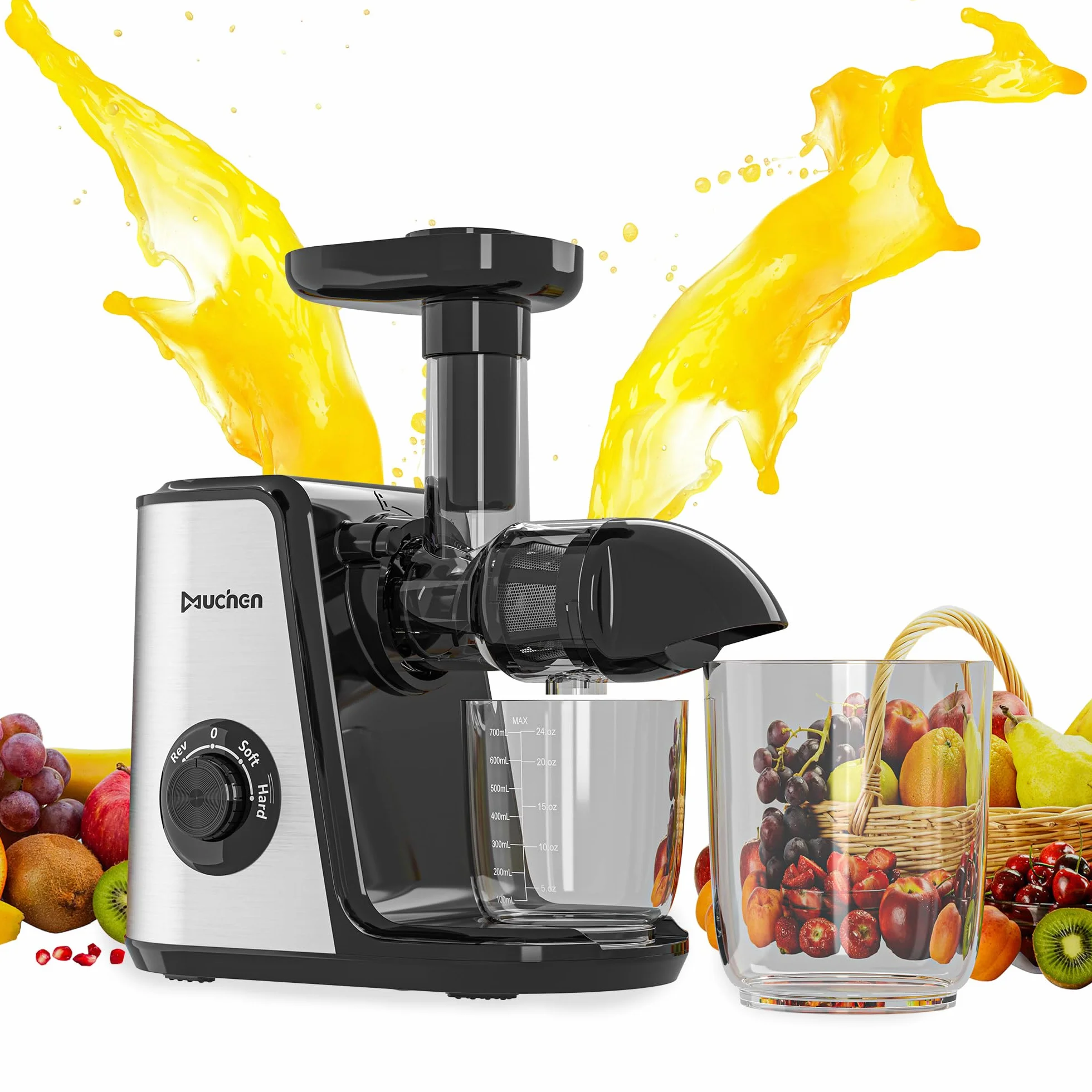 Muchen Slow Juicer sokowirówka do owoców i warzyw, cichy silnik, łatwe czyszczenie z funkcją żucia wstecznego, 150 W, ze stali nierdzewnej, kolor czarny, srebrny, w zestawie książka z przepisami