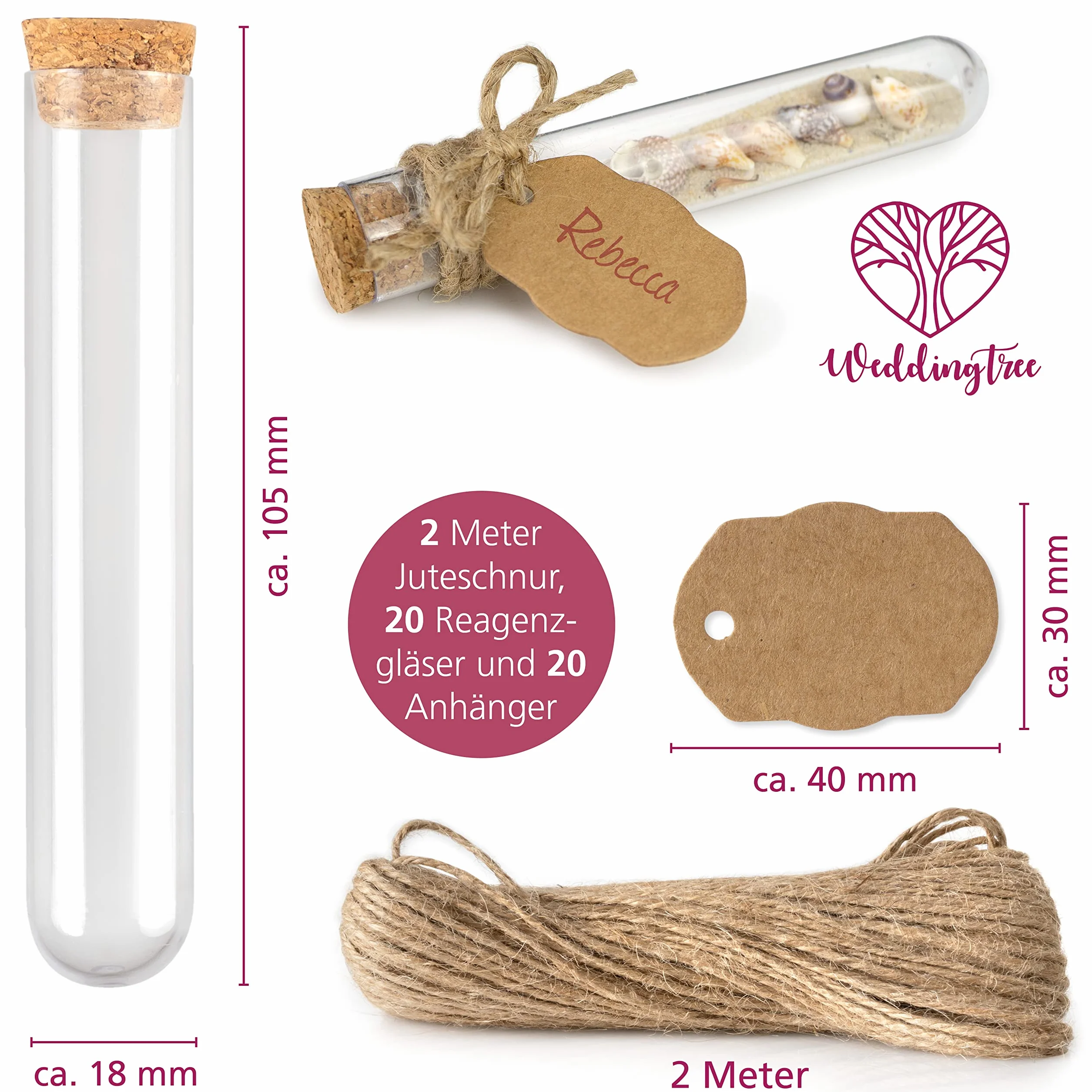 WeddingTree probówki z korkiem szkło 18 x 105 mm dekoracja weselna prezent dla gości