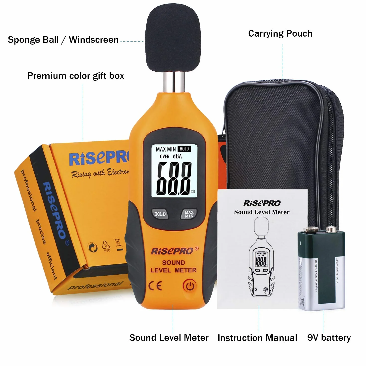 Miernik decybeli, cyfrowy miernik poziomu dźwięku RISEPRO® 30-130 dB, urządzenie do pomiaru szumów, podświetlenie MAX/MIN, automatyczne wyłączanie danych, podwójne zakresy, HT-80A