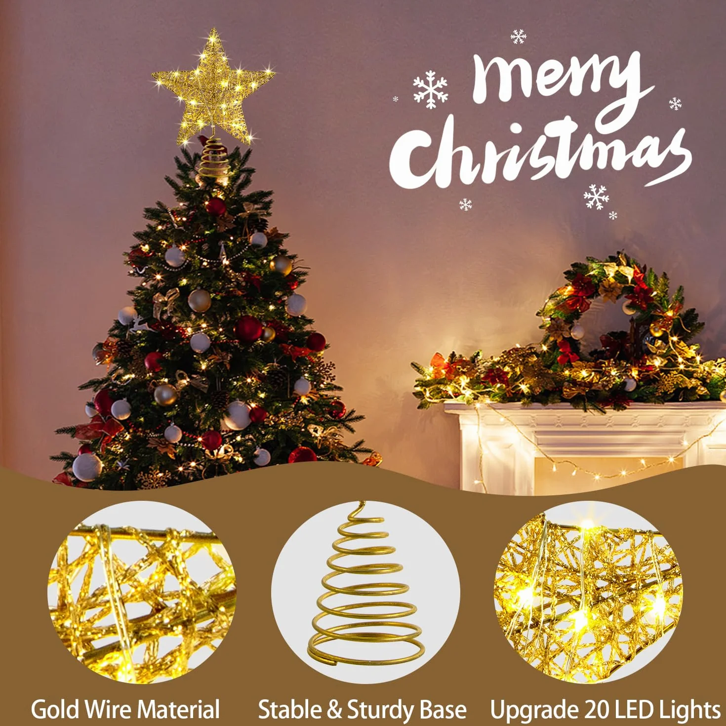 Ozdoba choinkowa, gwiazda, 25 cm, złoty drut, brokatowa ozdoba na choinkę z timerem, zasilanie bateryjne lub USB, 20 diod LED, złote ozdoby, wierzchołek choinki, dekoracja noworoczna, 25 cm