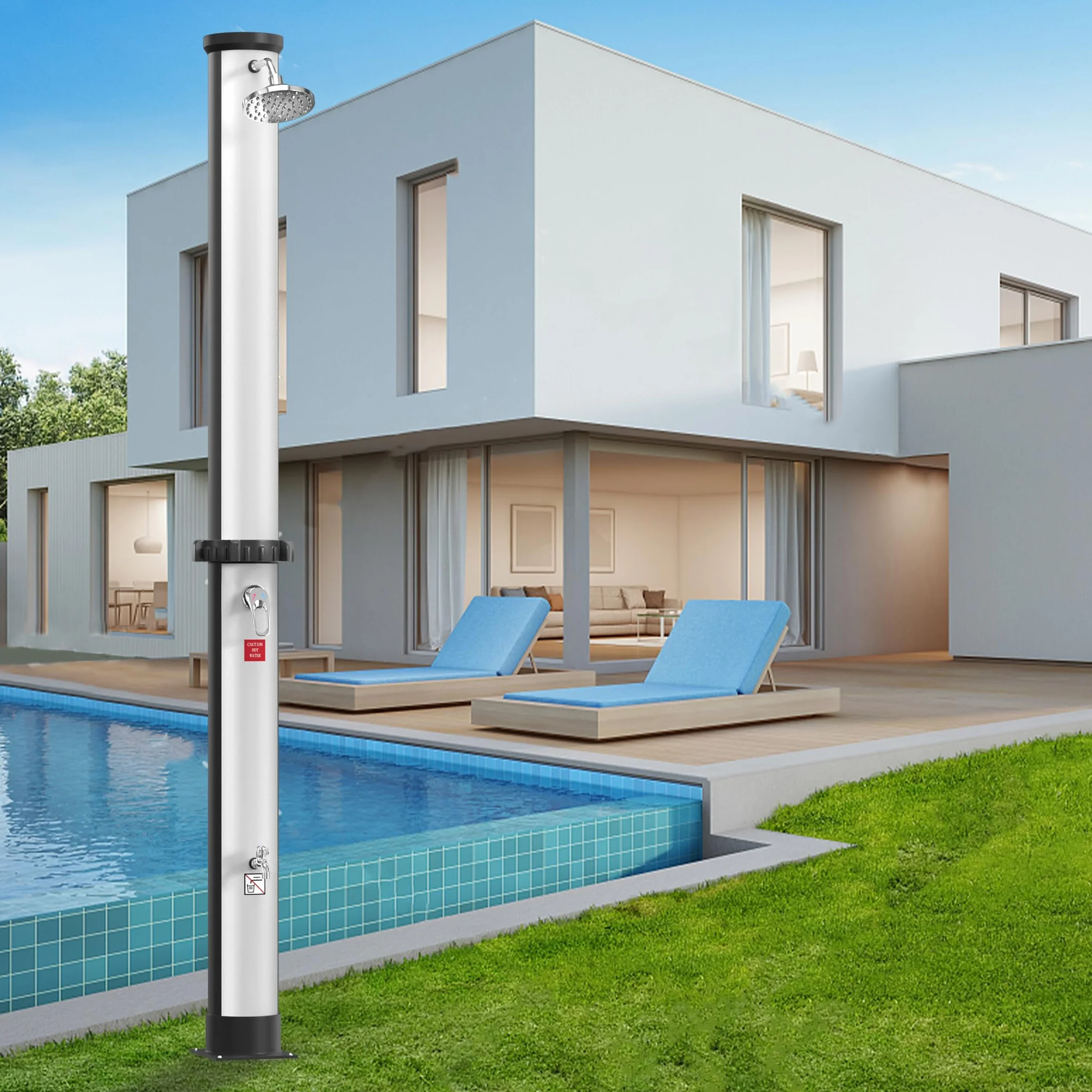 SUBTLETY Prysznic solarny 35 l, system prysznicowy z obrotową głowicą prysznicową i prysznicem nożnym, prysznic zewnętrzny, kolumna prysznicowa, temperatura wody do 60°C, do ogrodu, na kemping, baseny (srebrny + czarny)