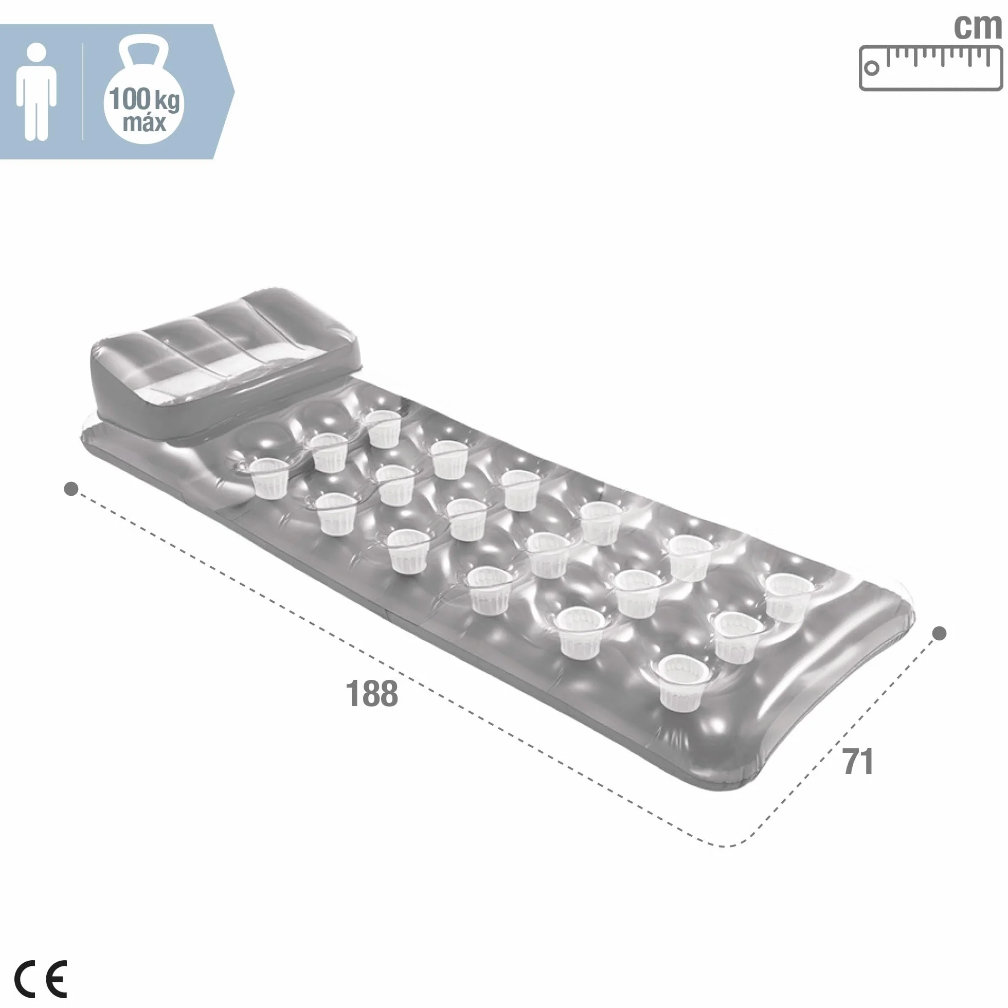 Intex ‎FBA_12-58894EU Materac Dmuchany do Pływania, Srebrny, 188 x 71 cm