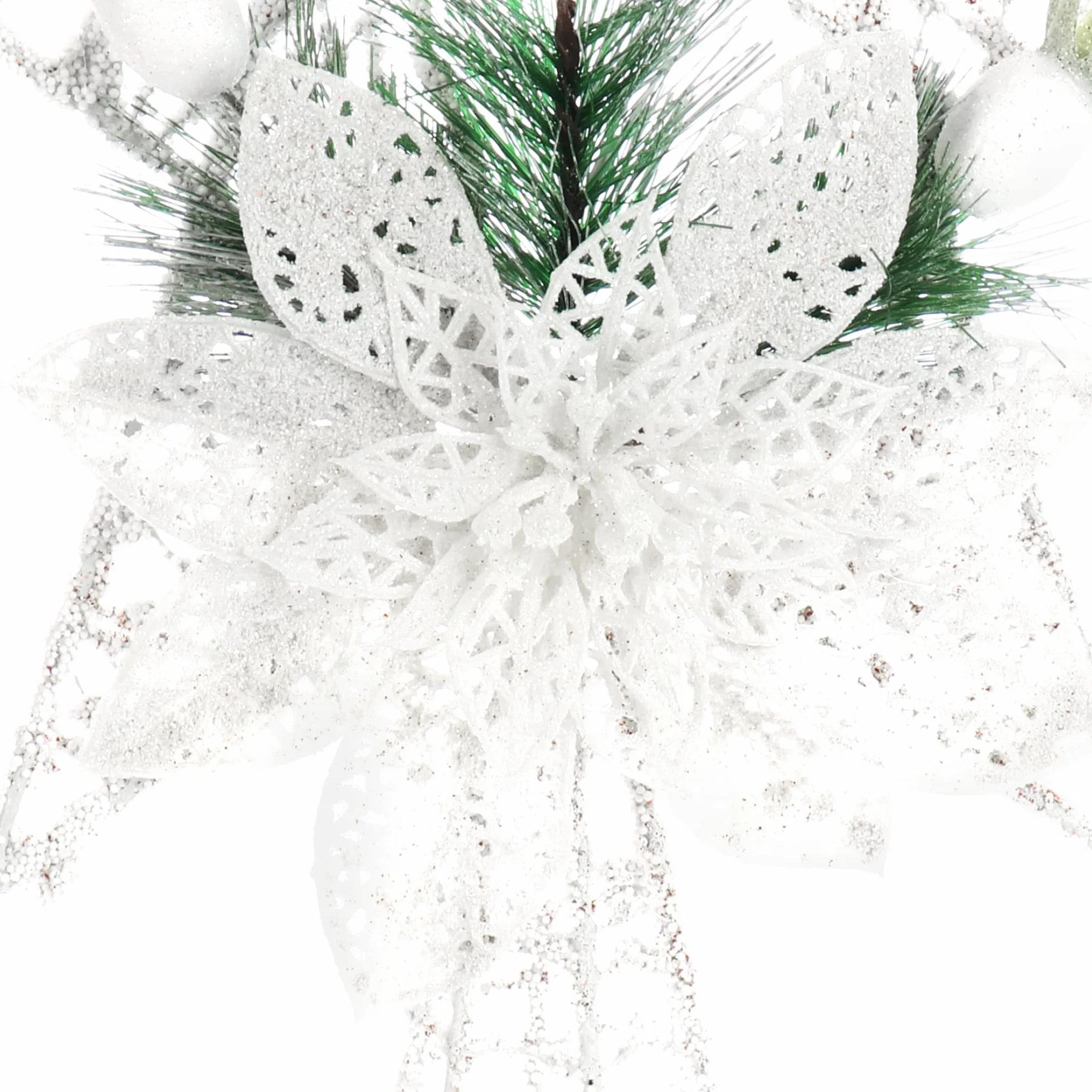 com-four® dekoracyjna gwiazda swiateczna – metalowa ozdoba z igla sosny, kwiatem i jagoda – biala gwiazda stojaca (White Classic Star XL)