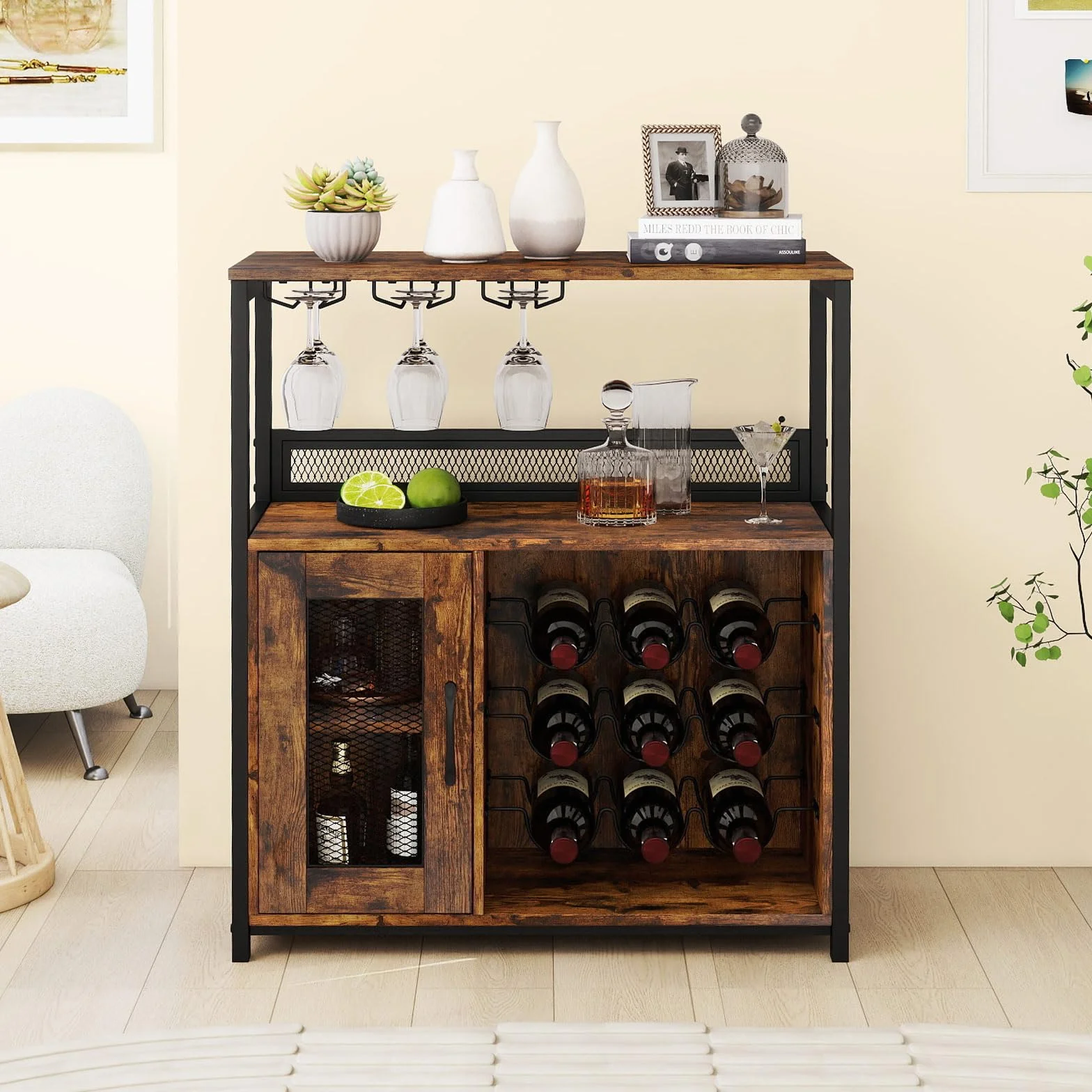 COSTWAY Industrialna szafka na wino, szafka kuchenna ze zdejmowanym regałem na wino i wbudowanymi uchwytami na szkło, komoda drewniana, wolnostojąca, 75 x 34 x 90,5 cm