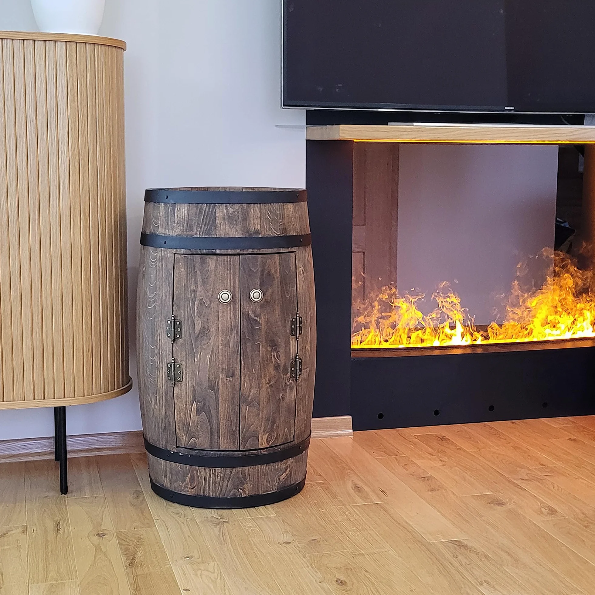 Barek z 2 drzwiczkami, drewniana beczka XL na wino – ręcznie robiony regał na butelki bar vintage, szafka na whisky, piwo, wino, prezent dla mężczyzny