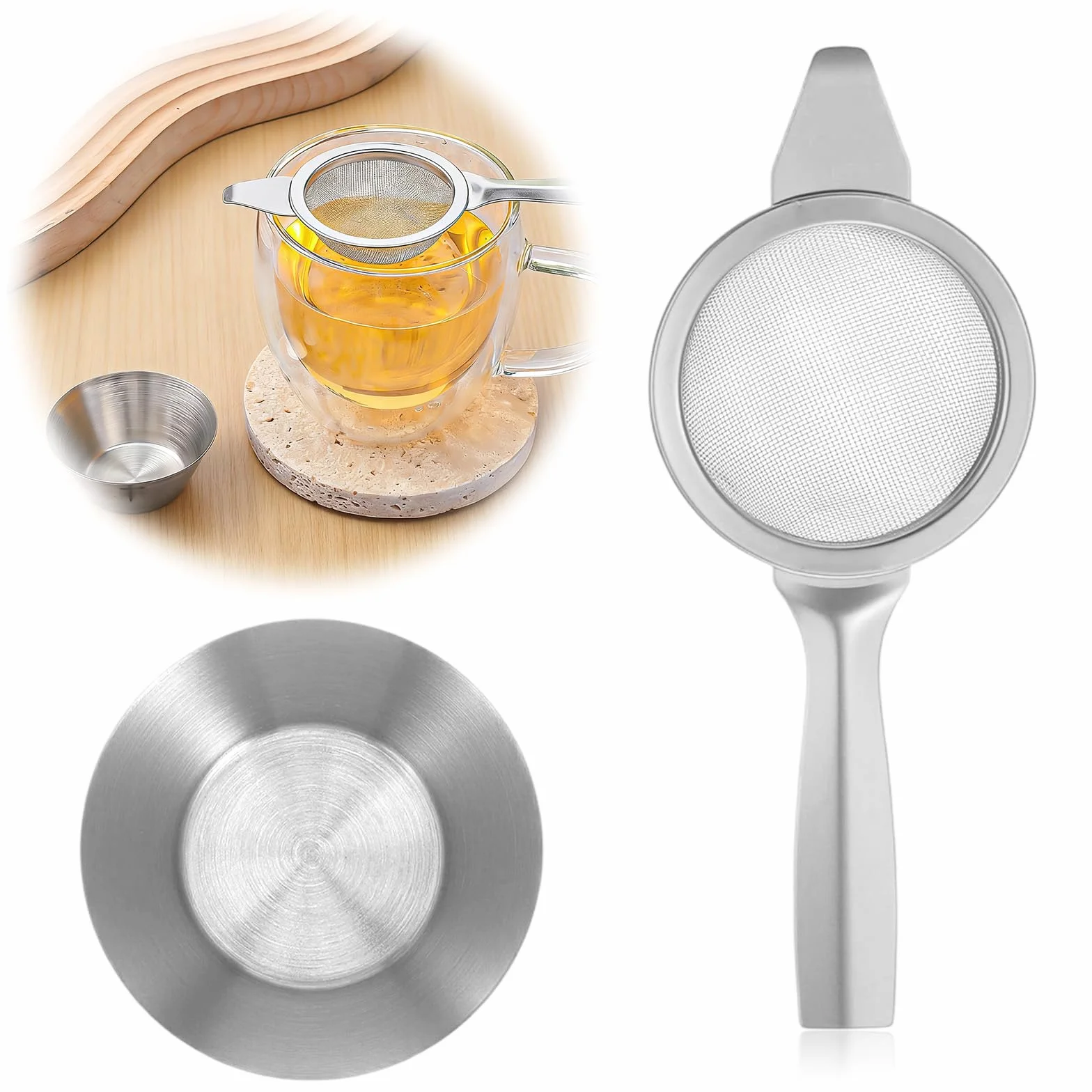 Sitko do matcha ze stali nierdzewnej 6 cm z filiżanką srebrne