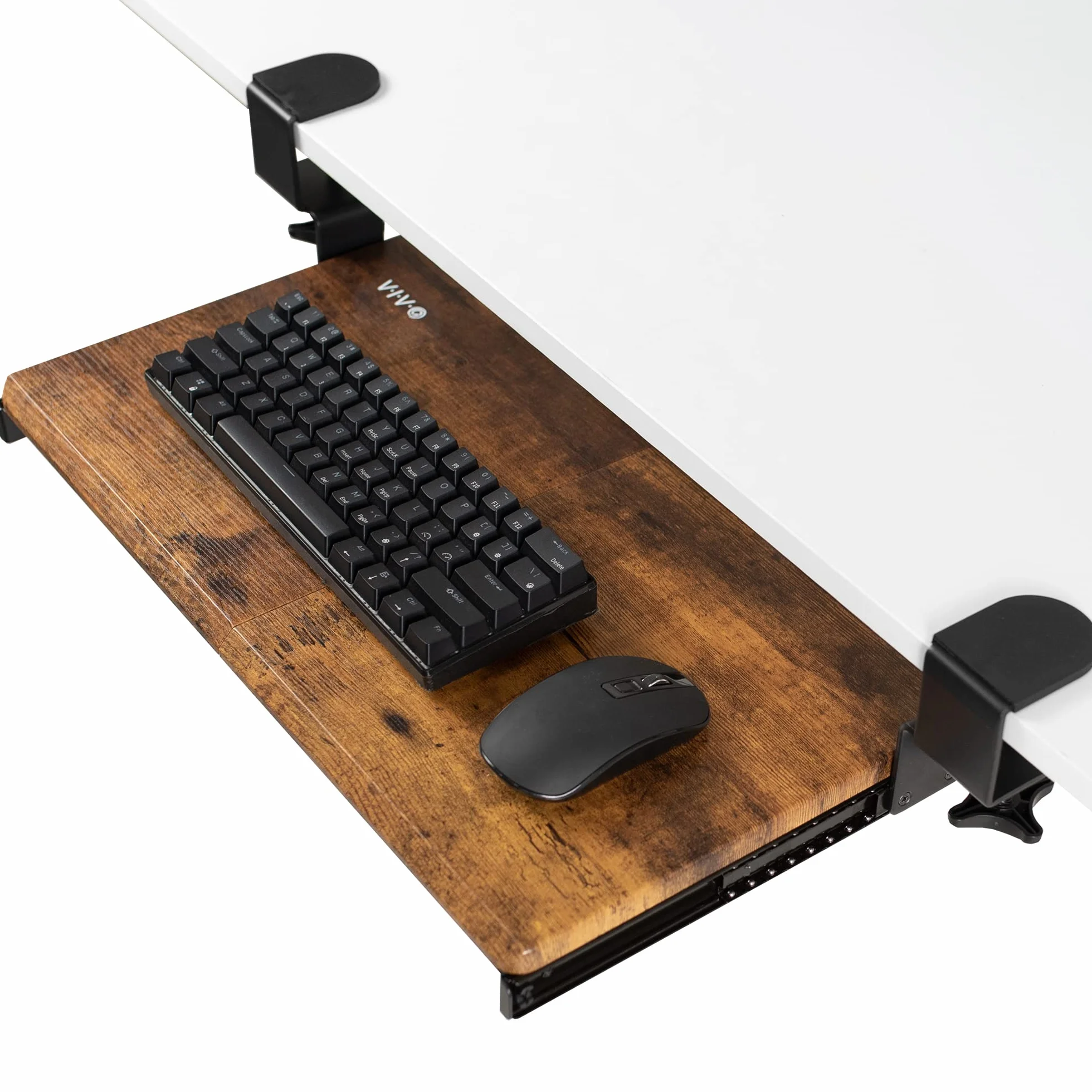 VIVO Mała taca na klawiaturę, wysuwana pod biurko z bardzo stabilnym systemem mocowania zaciskowego C, 20 (26 z zaciskami) x wysuwana szuflada na platformę 28 cm, rustykalny brązowy blat vintage,