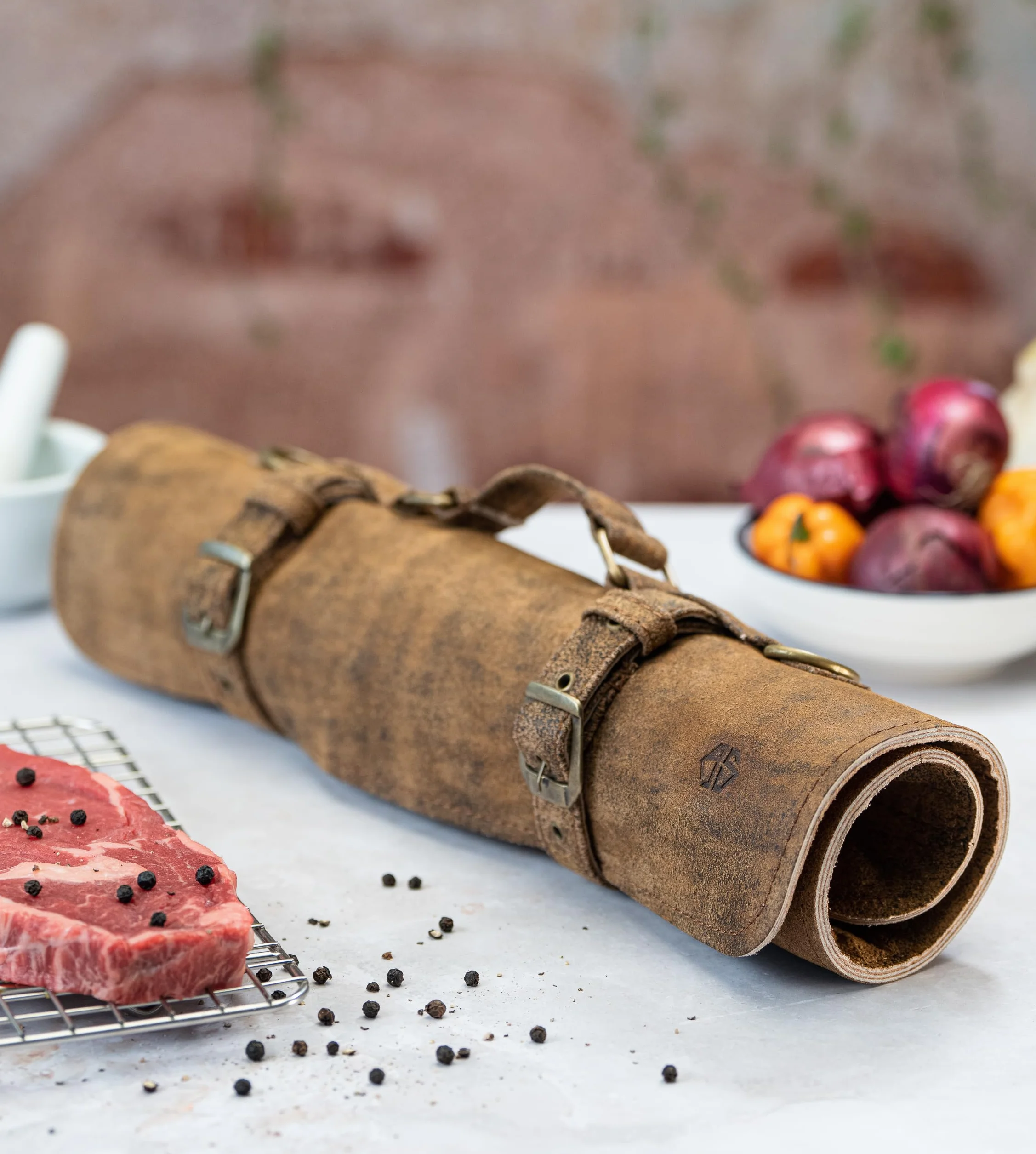 Angus Stoke Torba na noże ze skóry dla kucharzy, 7-krotna rolka noża kuchennego, duża – torba na noże kuchenne z uchwytem do noszenia Clint, Brązowy antyczny, Dodatkowa torba