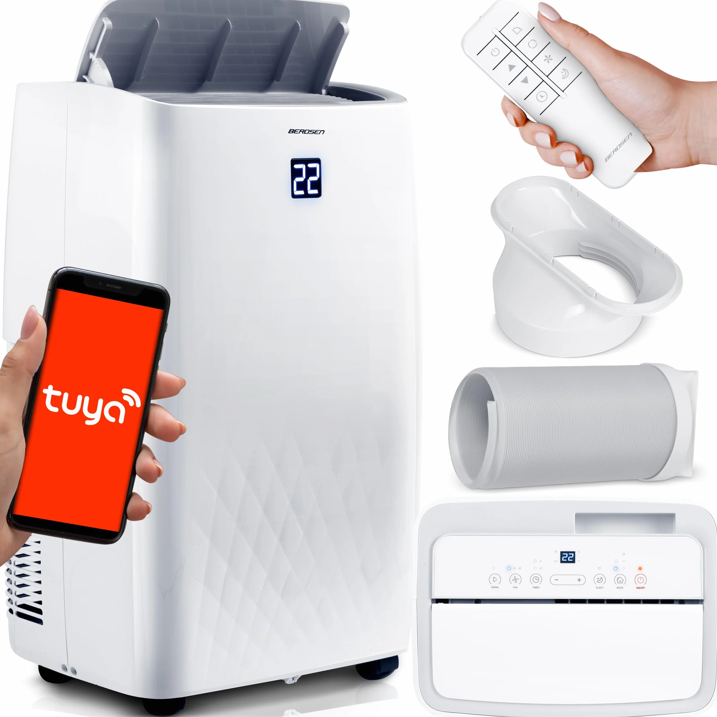 Berdsen Klimatyzator Przenośny 5w1 z Funkcją Grzania Osuszania 14000 BTU 34l/24h WiFi Biały