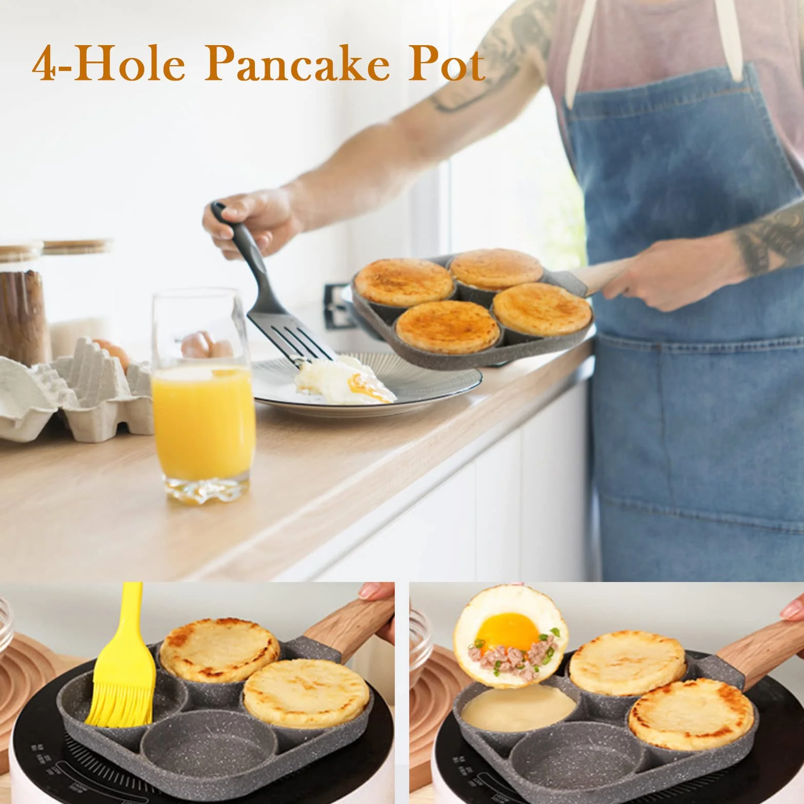 LOMUG Patelnia do naleśników, patelnia do smażonych jajek, 4 otwory Patelnia naleśnikowa i omlet aluminiowa płyta do naleśników hamburgery smażone jajka, śniadanie Patelnia do naleśników do kuchenek