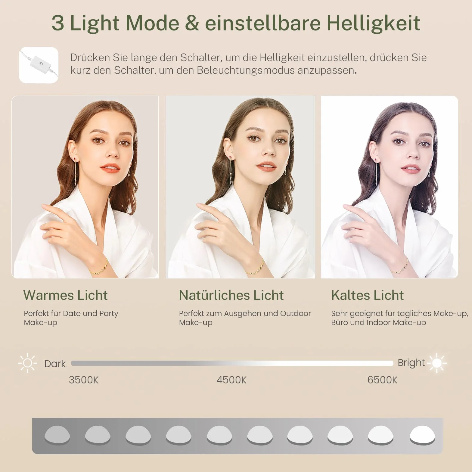 FIONESO Toaletka z 3-składanymi lustrami, toaletka z 10-LED światłami i gniazdami, toaletka z 3-szufladami i dwiema szafkami, dla kobiet, sypialnia, biała