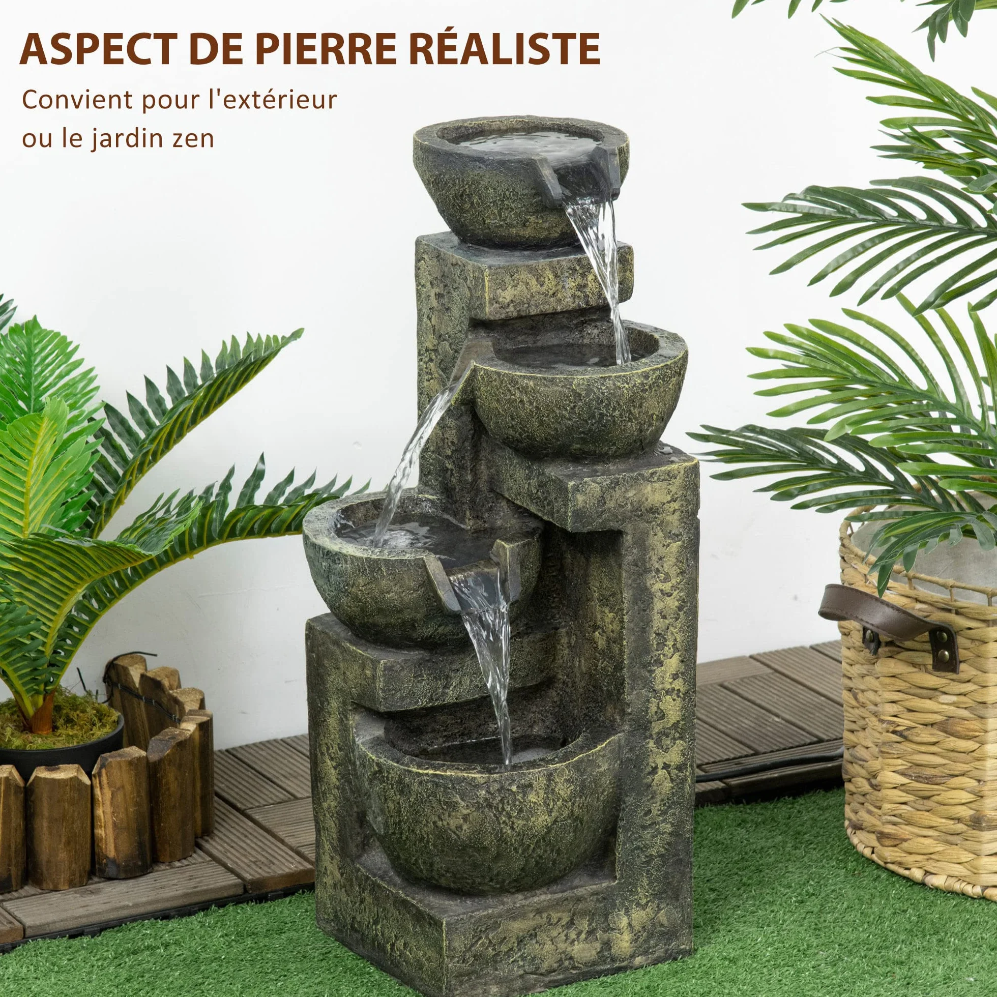 Outsunny Zen ozdobna fontanna ogrodowa 4 miski regulowany przepływ Zatapialna pompa wodna w zestawie 25 l x 24 l x 60H cm żywica czarna