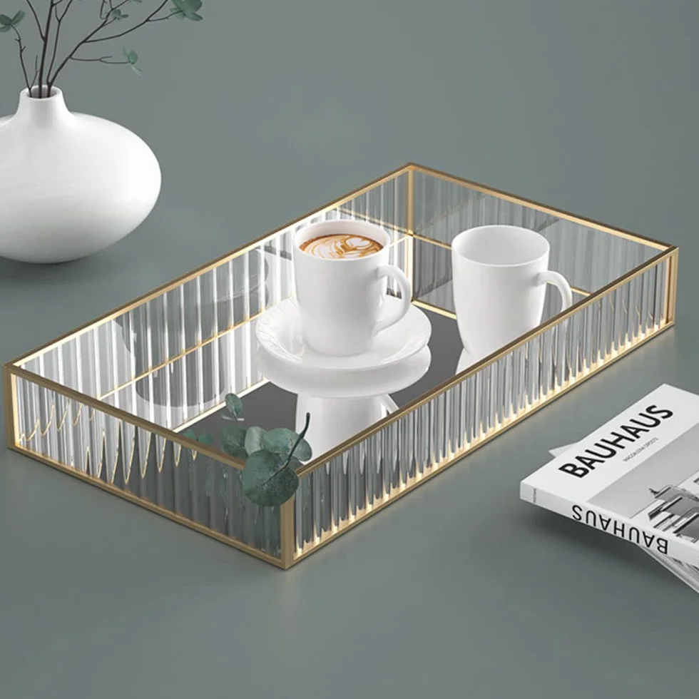 Taca dekoracyjna z lustrem vintage złota prostokątna 30x20x5,5 cm organizer na kosmetyki