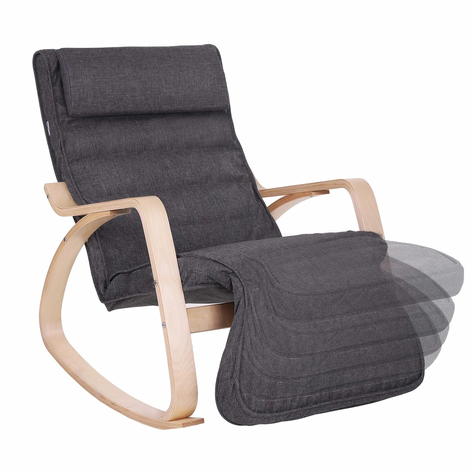 SONGMICS LYY42GYZ Fotel bujany, z 5-stopniową regulacją podnóżka, fotel relaksacyjny, obciążenie 150 kg, stelaż z drewna brzozowego, obicie z imitacji lnu, ciemnoszary