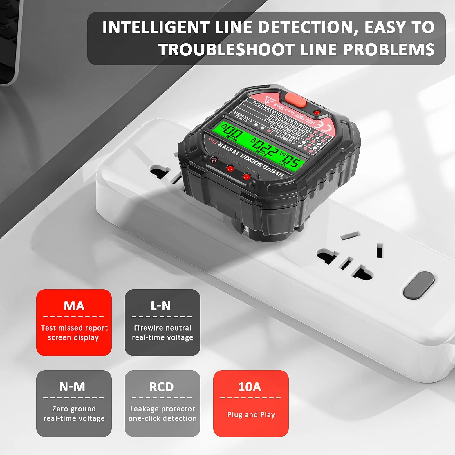 Automatyczny tester gniazd elektrycznych z ekranem LCD, Euakee 6 rodzajów diagnostyki błędów, wskaźnik napięcia i zasilania, test FI, detektor napięcia HT107D