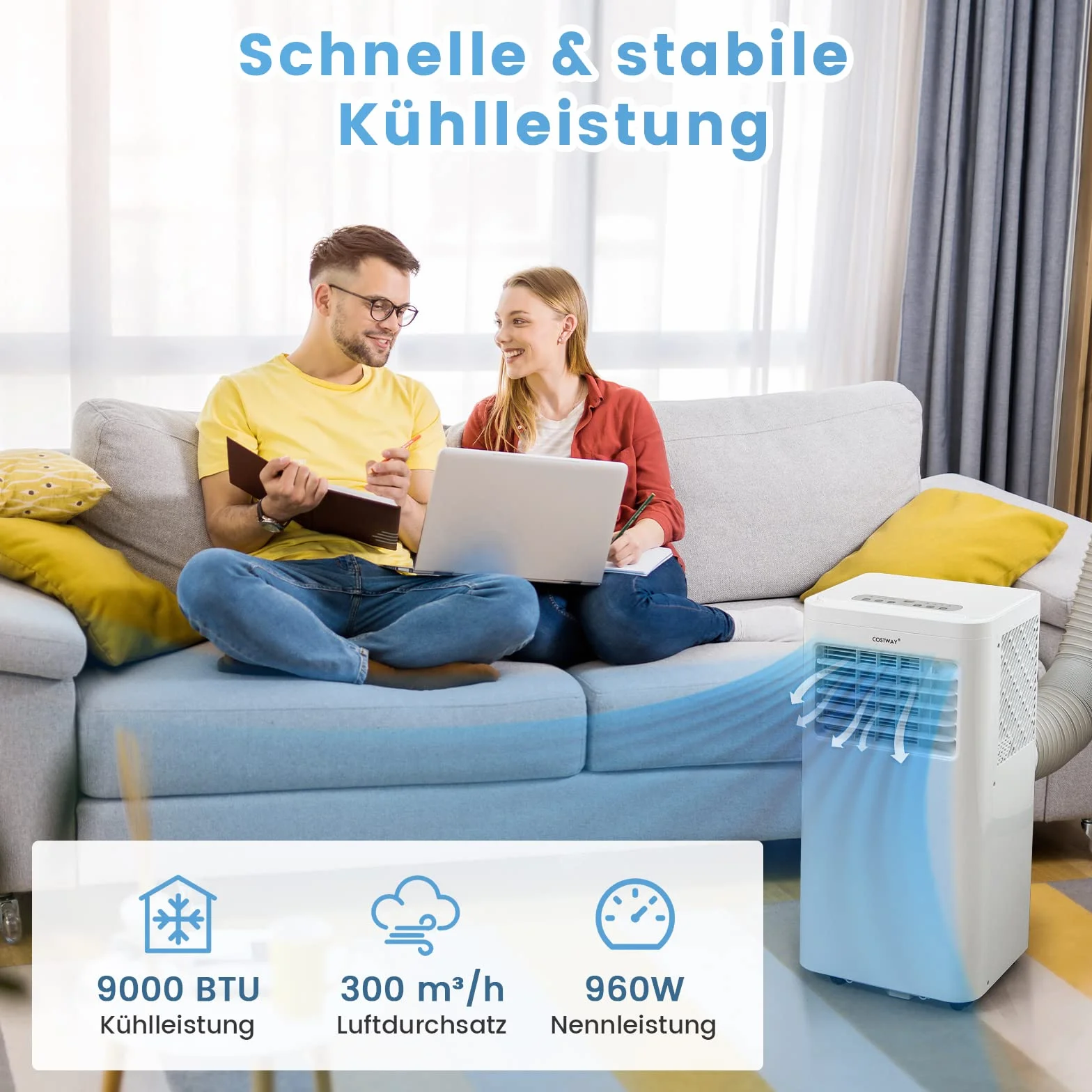 COSTWAY Mobilna klimatyzacja, 9000 BTU, 2,6 kW, chłodzenie, wentylacja i osuszanie, klimatyzator z wężem wylotowym, WiFi, aplikacja, zdalna obsługa, przenośna klimatyzacja