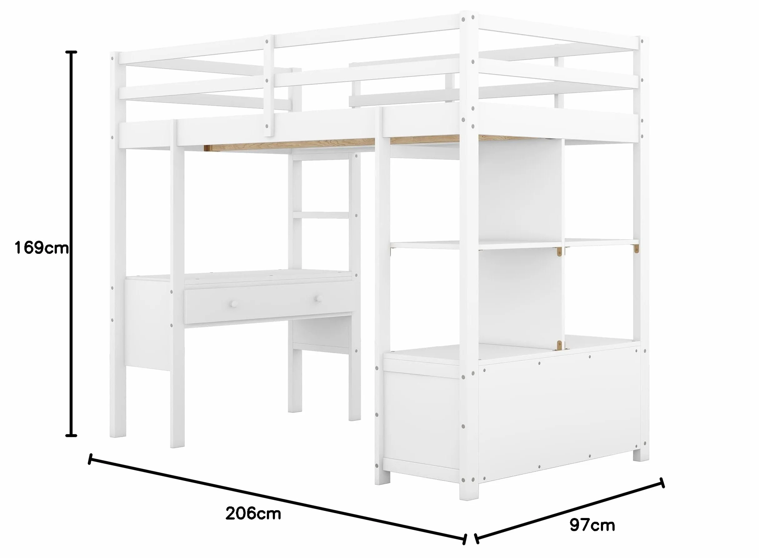 Łóżko piętrowe 90 x 200 cm z biurkiem i półkami, łóżko piętrowe dla dzieci, łóżko młodzieżowe z zabezpieczeniem przed wypadnięciem i miejscem do przechowywania, rama łóżka z drewna sosnowego,