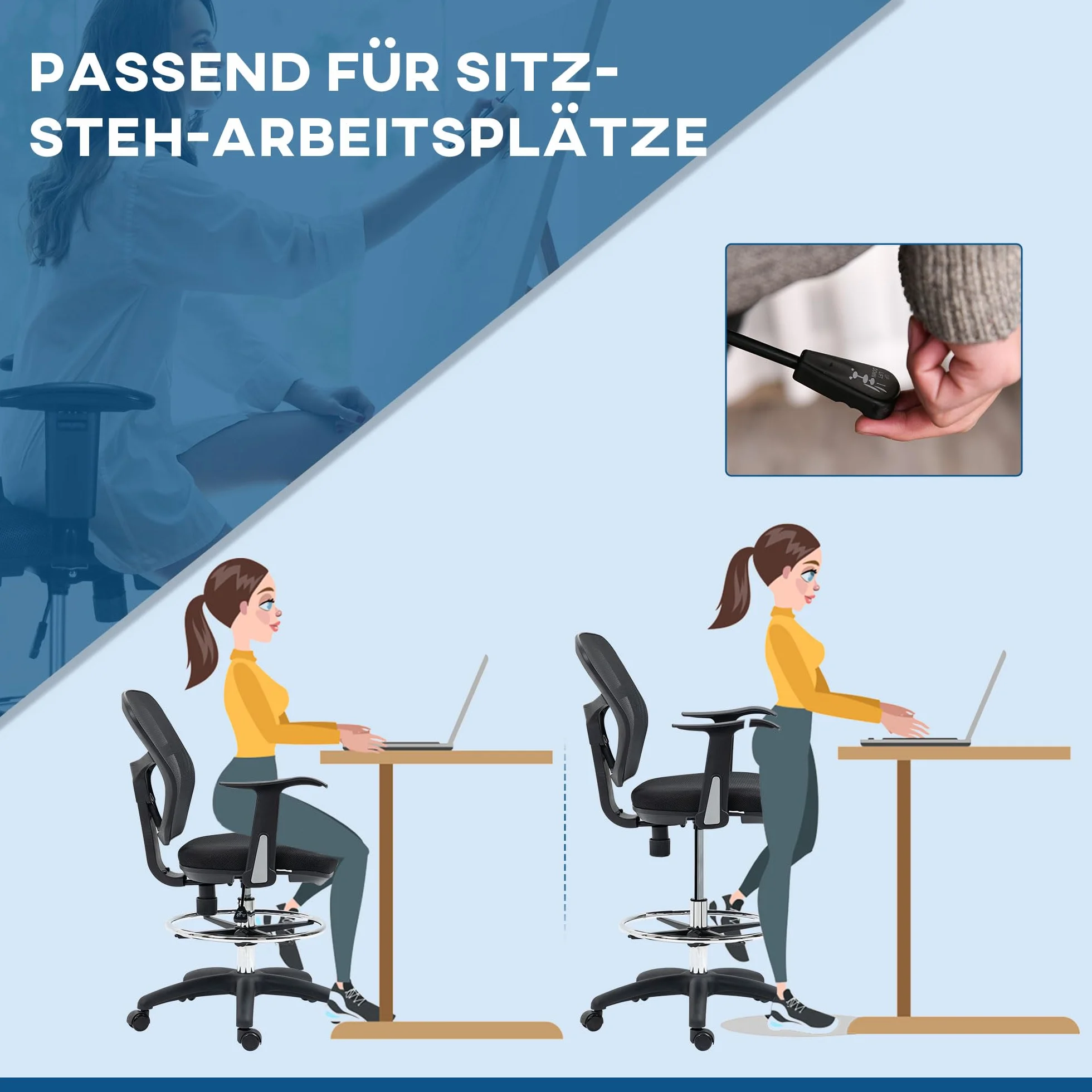 Vinsetto Krzesło biurowe, ergonomiczne krzesło kreślarskie, 95-115 cm, krzesło komputerowe z podłokietnikami, krzesło do biurka z podnóżkiem, krzesło obrotowe do biura, salonu, siatka, czarne