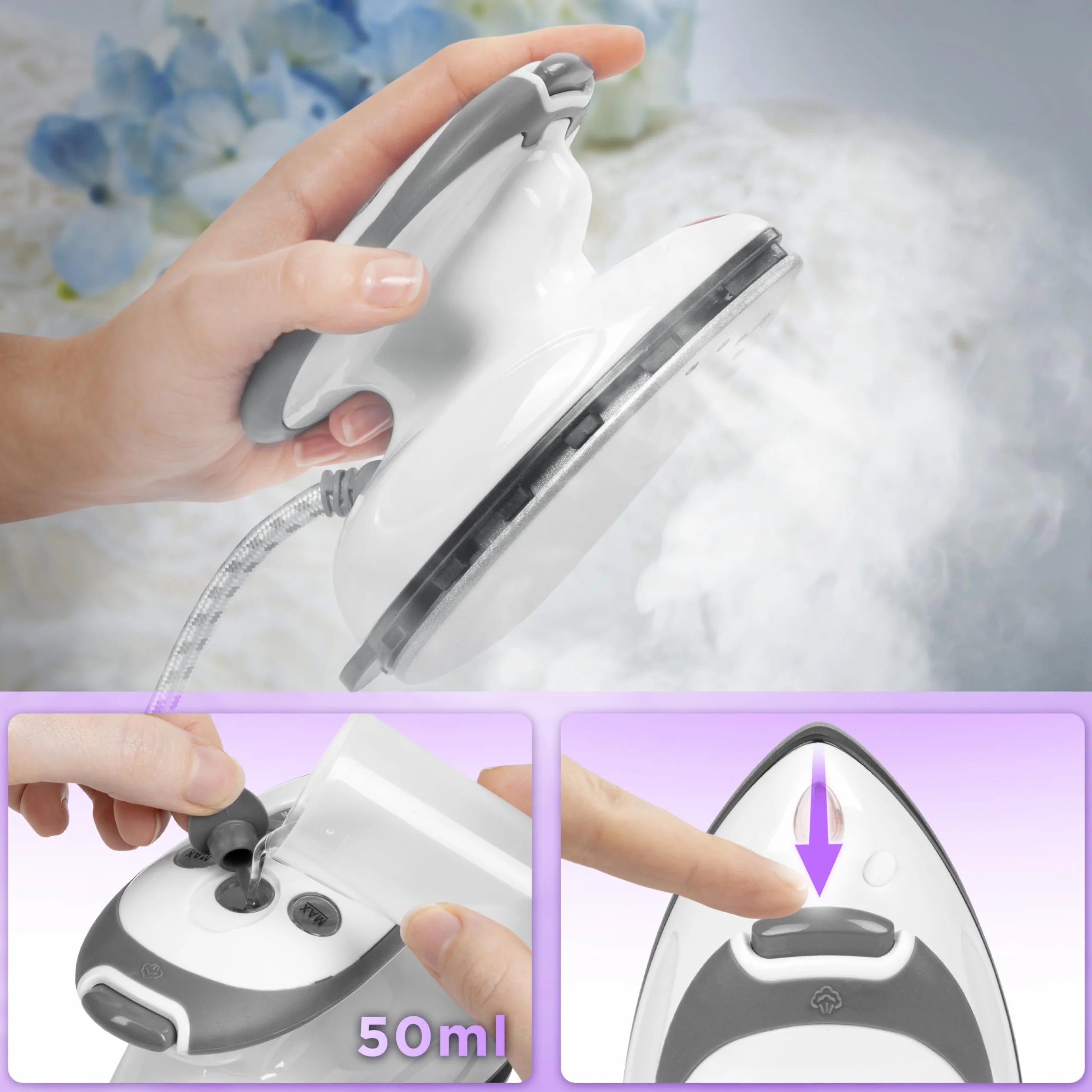 Duronic SI2 Podróżne żelazko parowe 375W | Lekkie i kompaktowe 762 g | Nieprzywierająca podeszwa | Zbiornik 50 ml | Z szczotką i kieszenią do przenoszenia