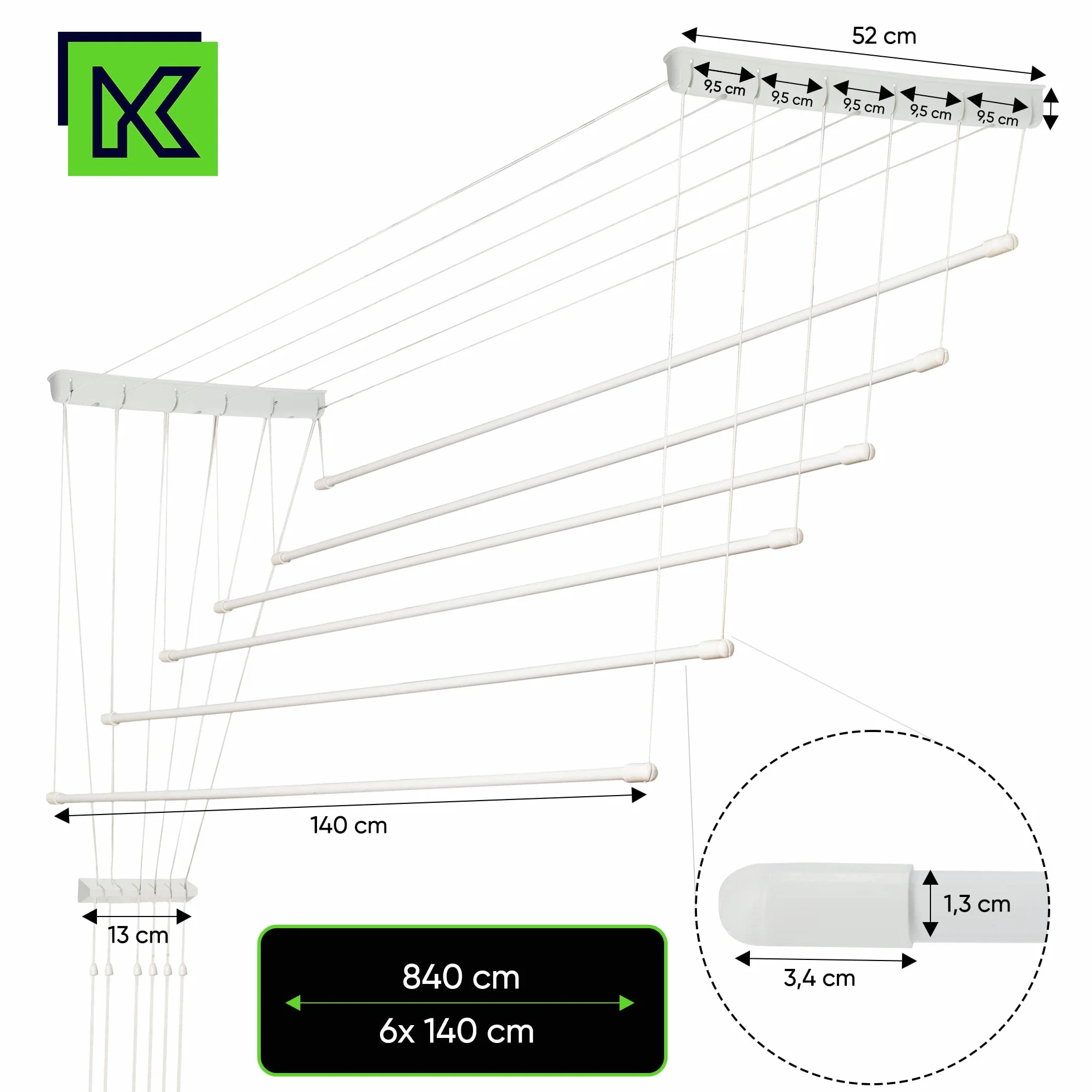 KADAX Suszarka sufitowa prętowa 6x140 cm biała, udźwig 12 kg, powlekane pręty stalowe odporne na korozję, oszczędza miejsce po złożeniu