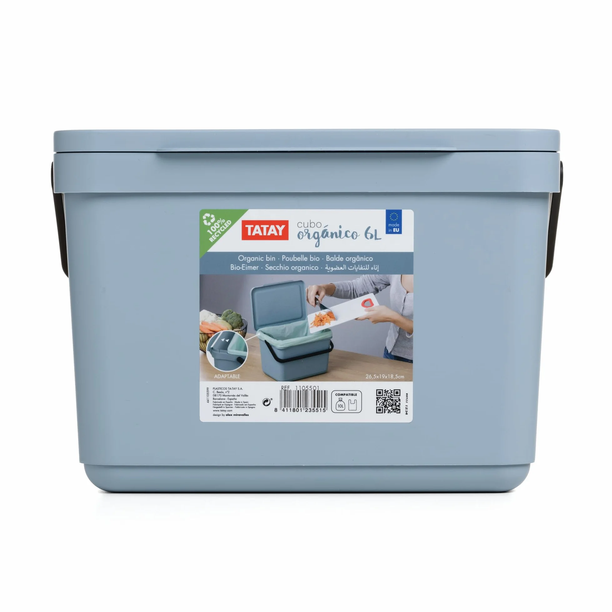 TATAY Kuchenny pojemnik na kompost, pojemność 6 l, polipropylen, wykonany w 100% z materiałów pochodzących z recyklingu, kolor oceanu, wymiary 26,5 x 19 x 18,5 cm