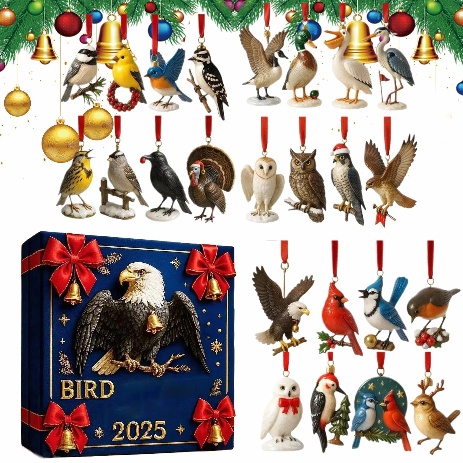 Kalendarze adwentowe Bird 2025, kalendarz odliczający do Bożego Narodzenia z 24 różnymi 2D akrylowymi zawieszeniami z ptakami, 2D akrylowe zawieszenia z ptakami na dekorację wiszącą dla miłośników