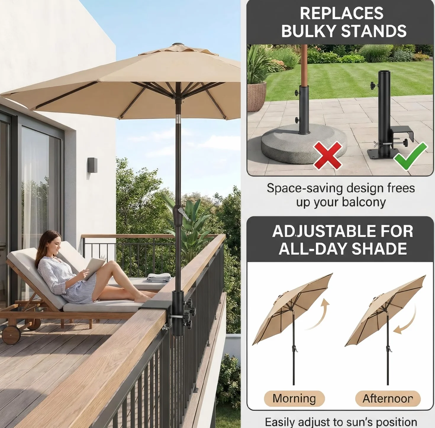 Uchwyt na parasol przeciwsłoneczny, balustrada balkonowa, uchwyt na balkon, taras i plażę