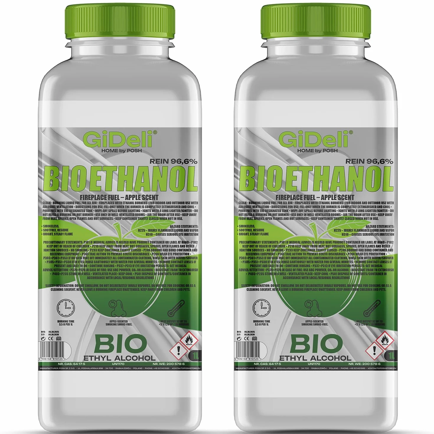 GiDeli bioetanol 2 x 1 l zapach jabłkowy 96,6% etanol do kominków wewnętrznych i zewnętrznych bez dymu i sadzy – z kukurydzy i buraków cukrowych