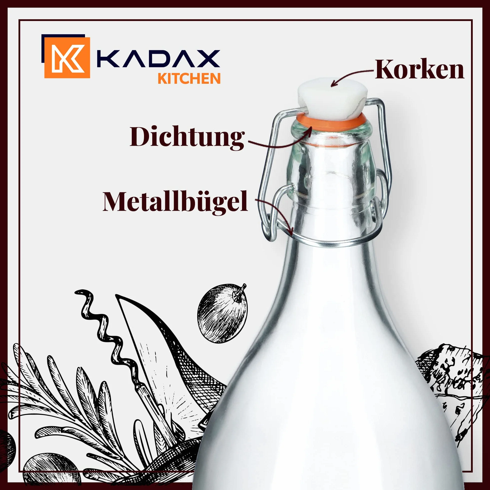 KADAX butelka szklana, butelka na likier owocowy, butelka vintage z sodowego szkła, przezroczysta butelka z zamknięciem kabłąkowym, butelka z zamknięciem kabłąkowym, butelka na likier kwekowy (1,9L, 3