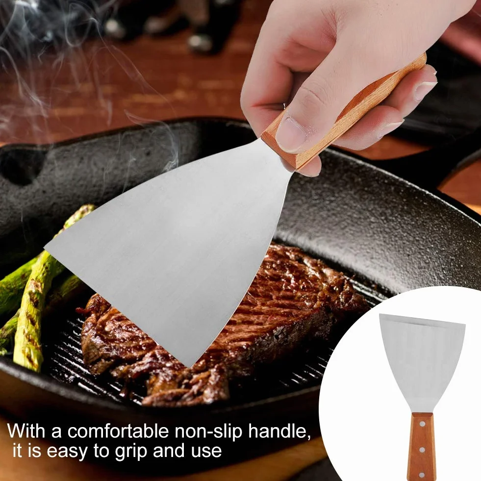 Smash Burger Łopatka Griddle Skrobak Drewno + Stal Nierdzewna Stal Nierdzewna Nieprzywierająca Odporny na Ciepło Bbq Grill Beafsteak Łopatka Turner Narzędzie Kuchenne