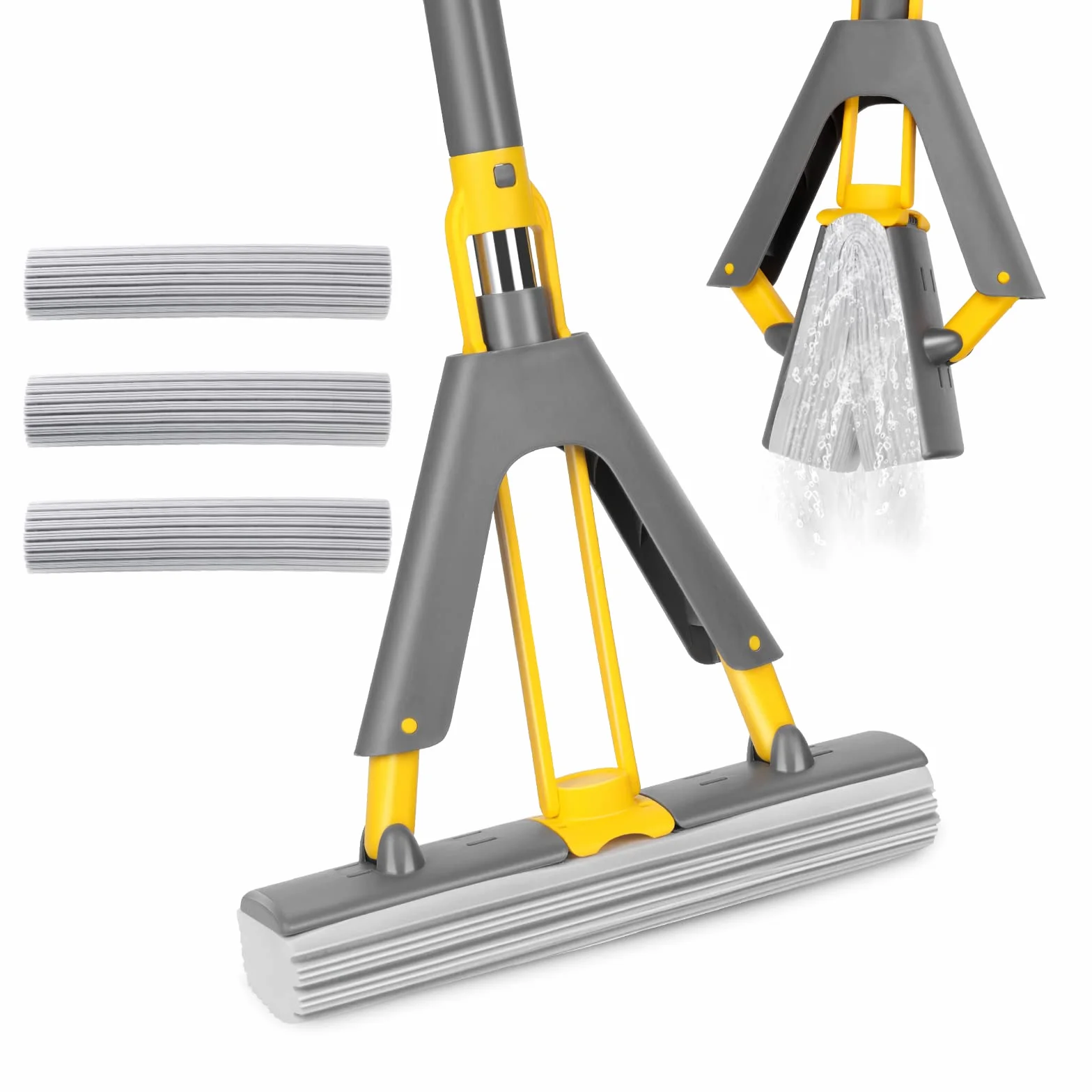 Myiosus PVA Gąbkowy mop, Gąbka podłogowa mop z trzonkiem 130 cm, chłonny mop z 3 głowicami z gąbki, mop do czyszczenia podłóg, składany mop gąbkowy do płytek, marmuru, laminatu, twardego drewna
