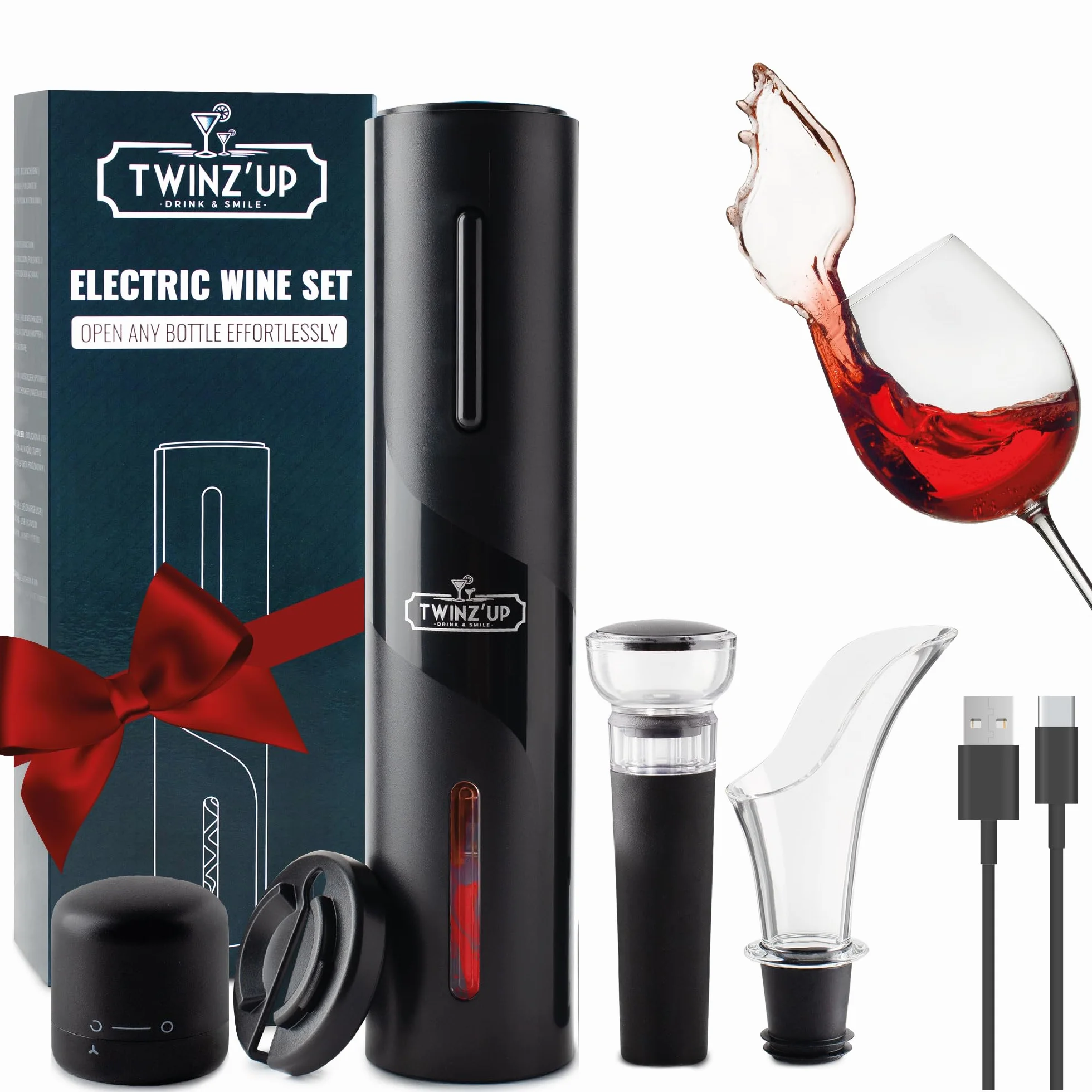 Twinz'up Electric Tyre Bouchon 6 en 1 Coupe-Capsule Verseur-Aérateur Pompe à Vide Bouchon USB Câble