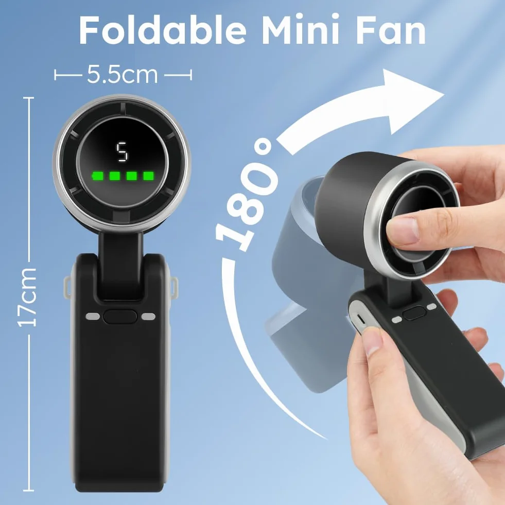 AUAUY Przenośny ręczny wentylator turbo, 5 regulowanych prędkości wentylatora, ręczny wentylator biurkowy 3 w 1, ładowanie USB-C 3600 mAh, składany wentylator biurkowy LED o 180°, do podróży, na