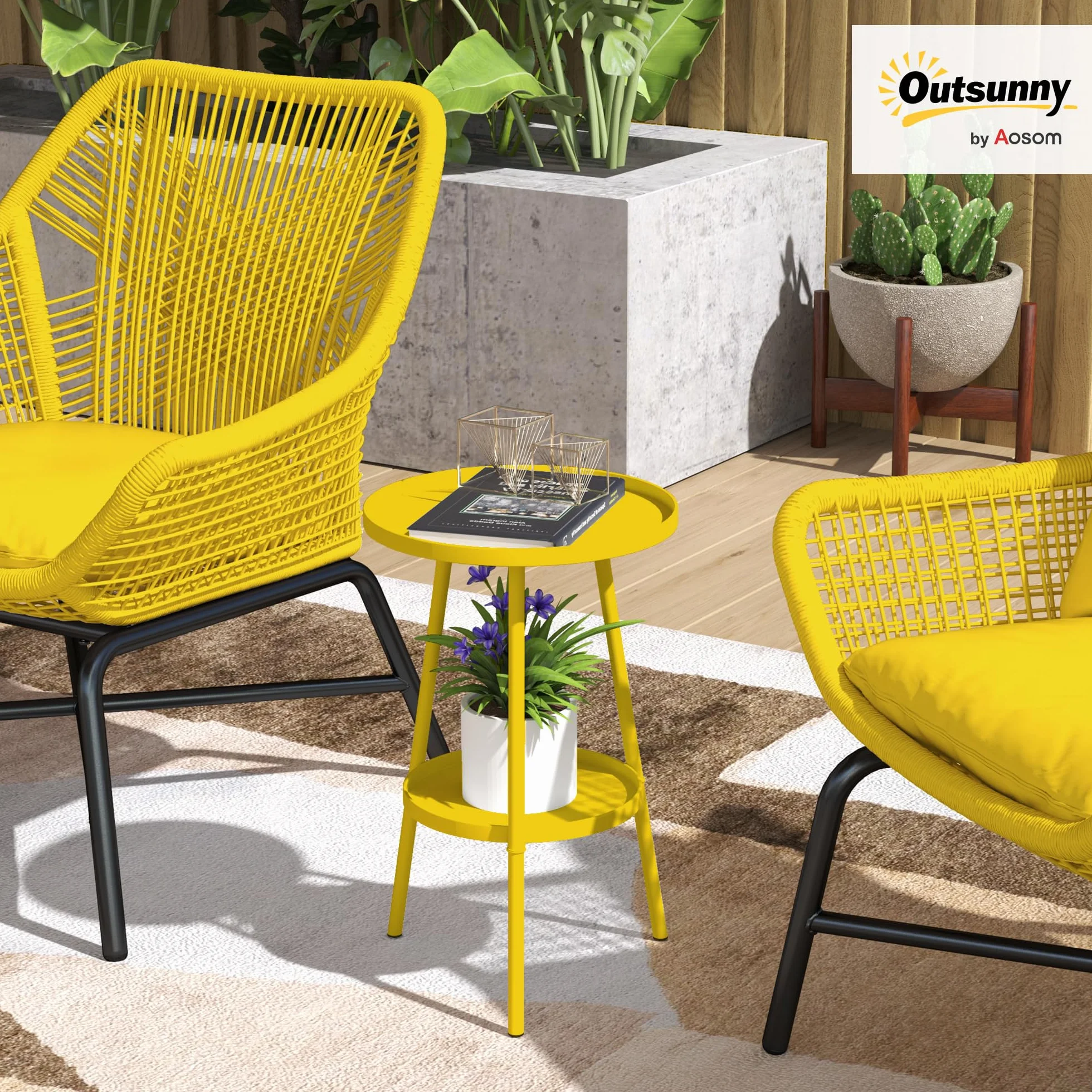 Outsunny Mały okrągły stolik pomocniczy z 2 poziomami, stół ogrodowy, na taras, do salonu, na balkon, metal, żółty