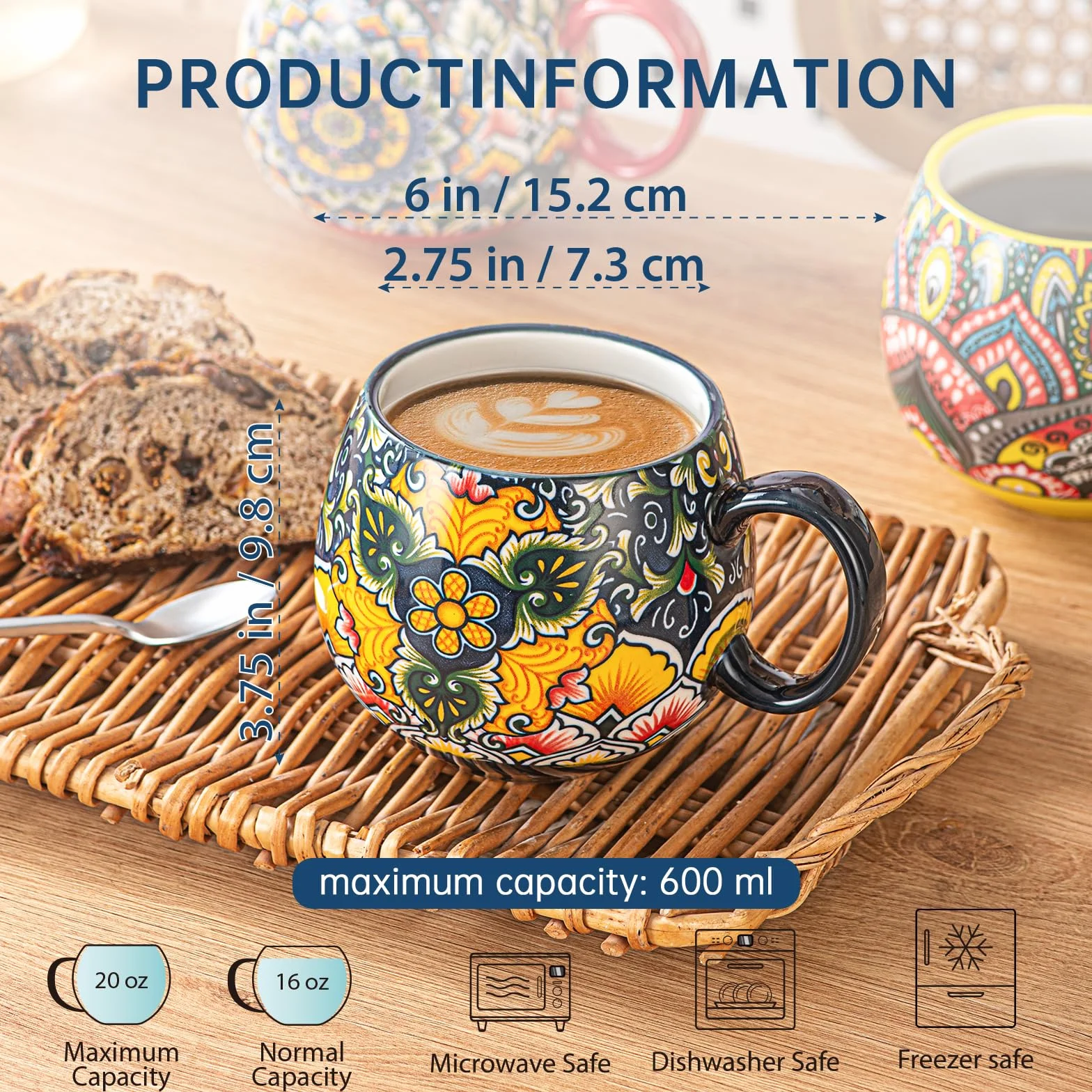 Zestaw kubków porcelanowych, ceramiczne filiżanki do cappuccino/kubki - 600ml, zastawa stołowa do 6 osób, zestaw filiżanek kawowych - styl bohemski