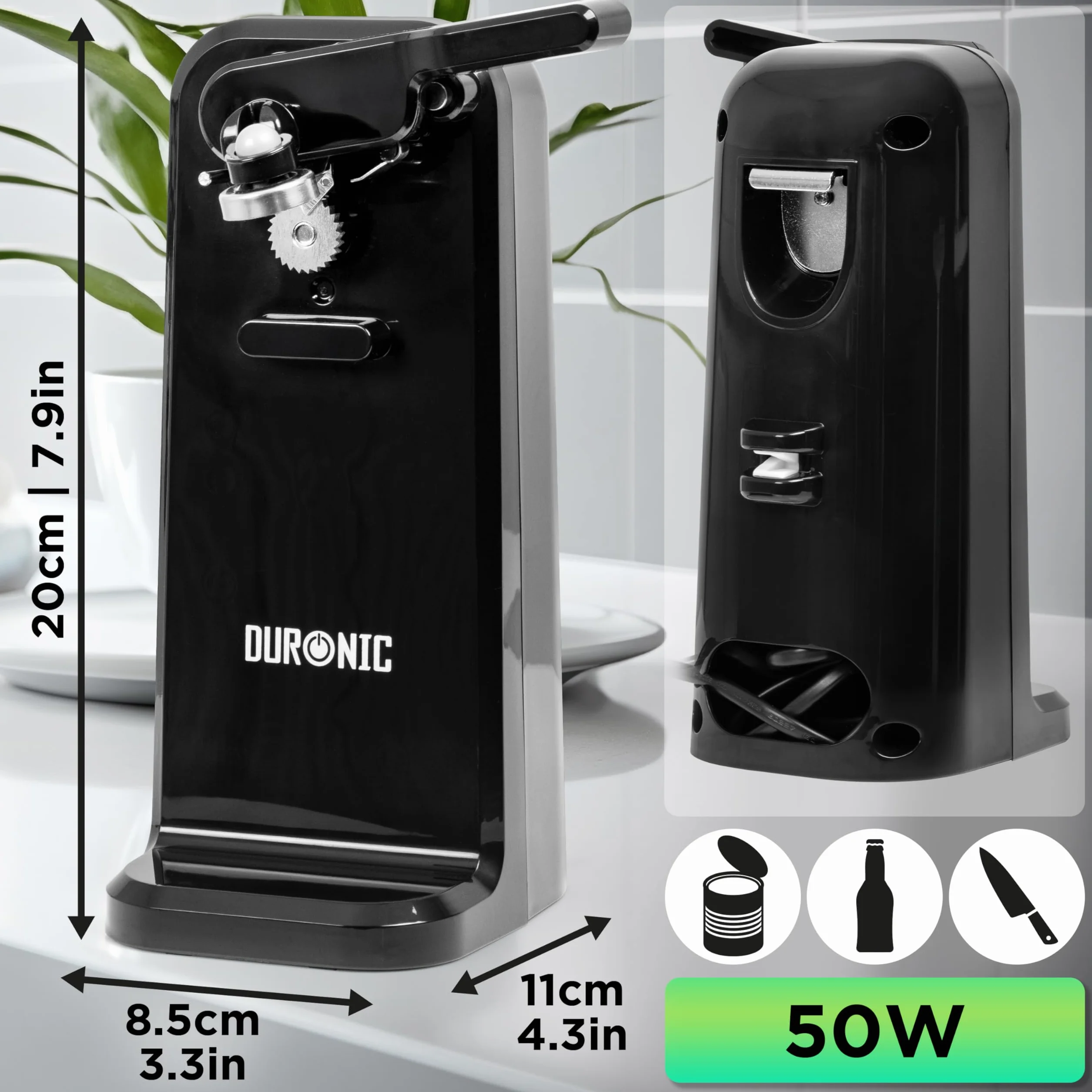 Duronic CO40 BK Elektryczny otwieracz do puszek 3w1 z magnesem 50W