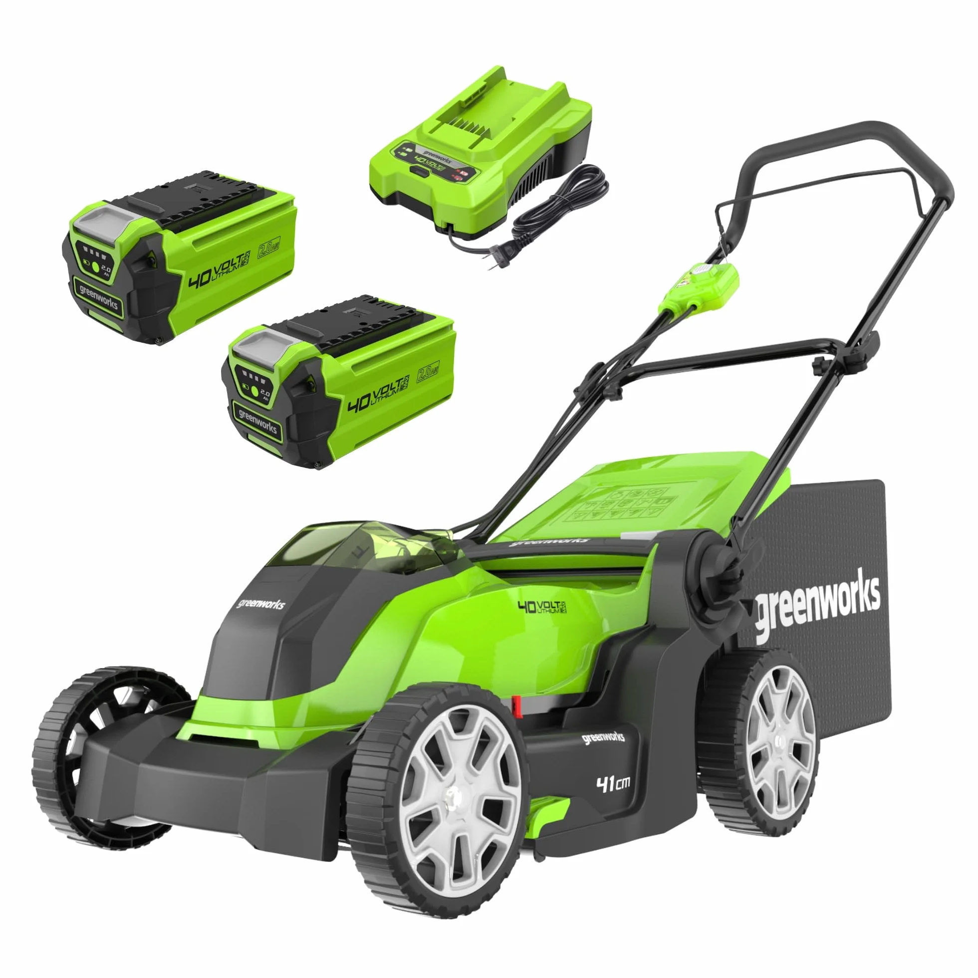 Greenworks G40LM41K2XF Kosiarka Akumulatorowa do Trawników do 500m², Szerokość Koszenia 41cm, Torba 50L PLUS Dwie Baterie 40V 2Ah i Jedna Szybka Ładowarka
