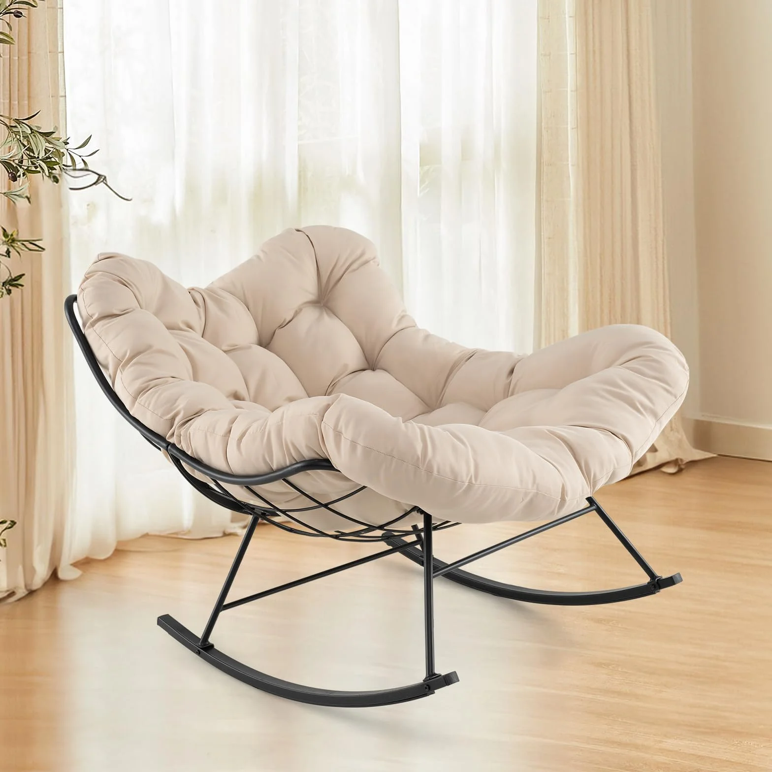 GIANTEX Duży fotel bujany, papasan w kształcie jajka z grubą poduszką, fotel bujany do wnętrz i na zewnątrz, obciążenie 205 kg, do ogrodu, na taras, szary, beżowy