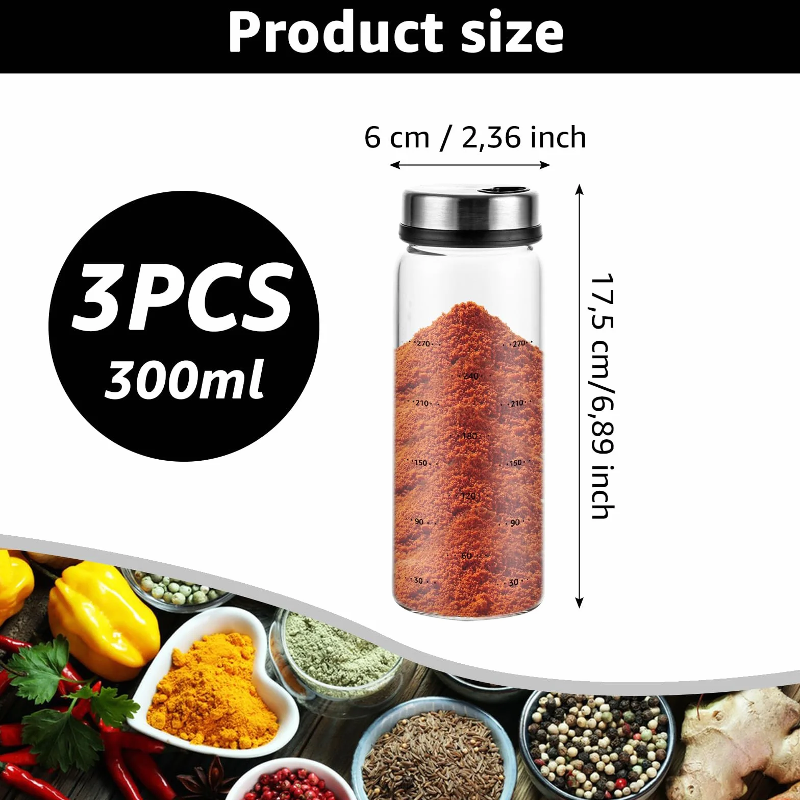 3 sztuki słoików na przyprawy z zakręcaną pokrywką, 300 ml, szklane pojemniki na przyprawy, 16,5 x 6 cm, hermetyczne, 4 rodzaje, słoiki na przyprawy z obrotową pokrywką Spice Jars, do kuchni