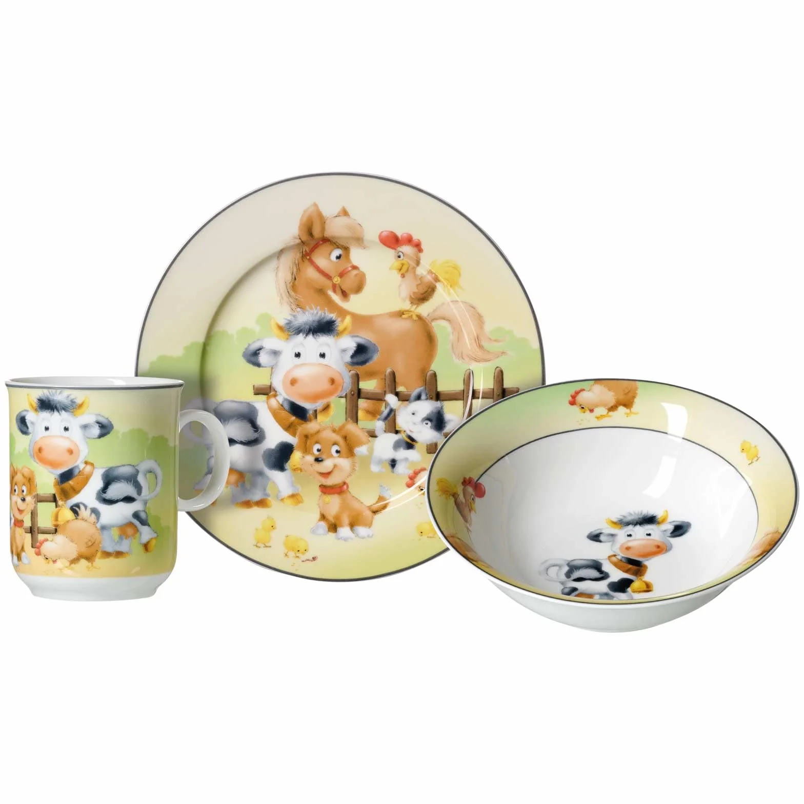 Ritzenhoff & Breker Zestaw naczyń dla dzieci 3-częściowy porcelana kolorowy kubek 270 ml talerz 19 cm miska 450 ml zwierzęta gospodarstwa