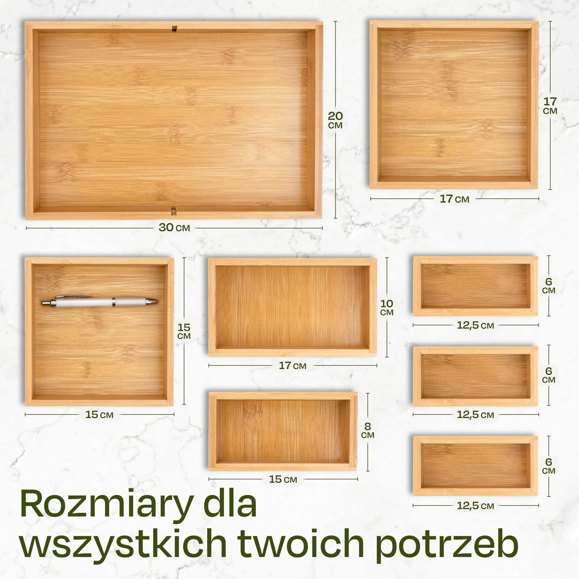 Zestaw 8 pudełek na organizery do szuflad - Wykonane z drewna bambusowego FSC - Z podkładkami antypoślizgowymi
