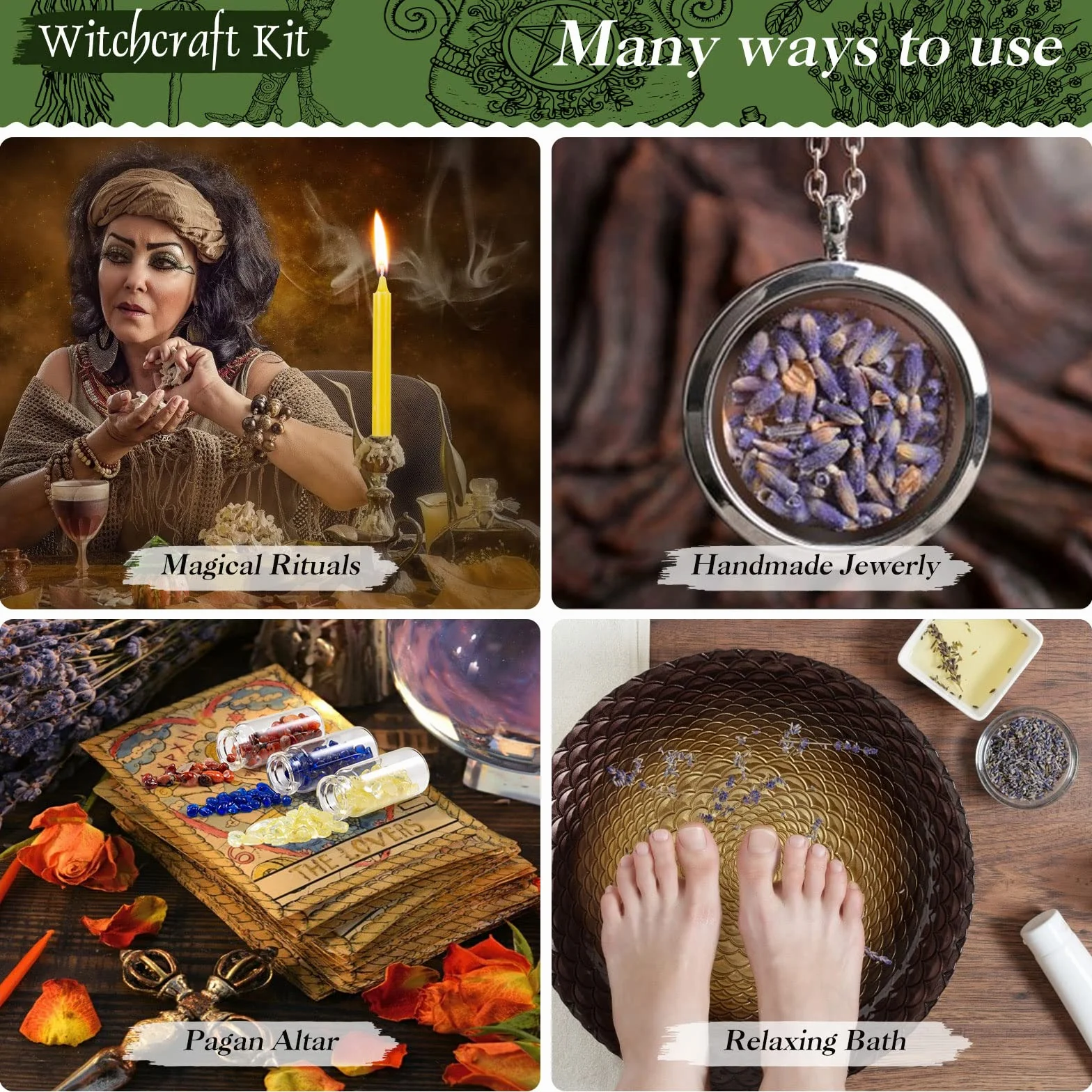 MAISITOO Zestaw magiczny do czarowania, świeczki, małe, naturalne suszone kwiaty, buteleczki, kryształowe chipsy żetony do dzwoneczków, magia, czarodziejstwo, życzenia, rytuały