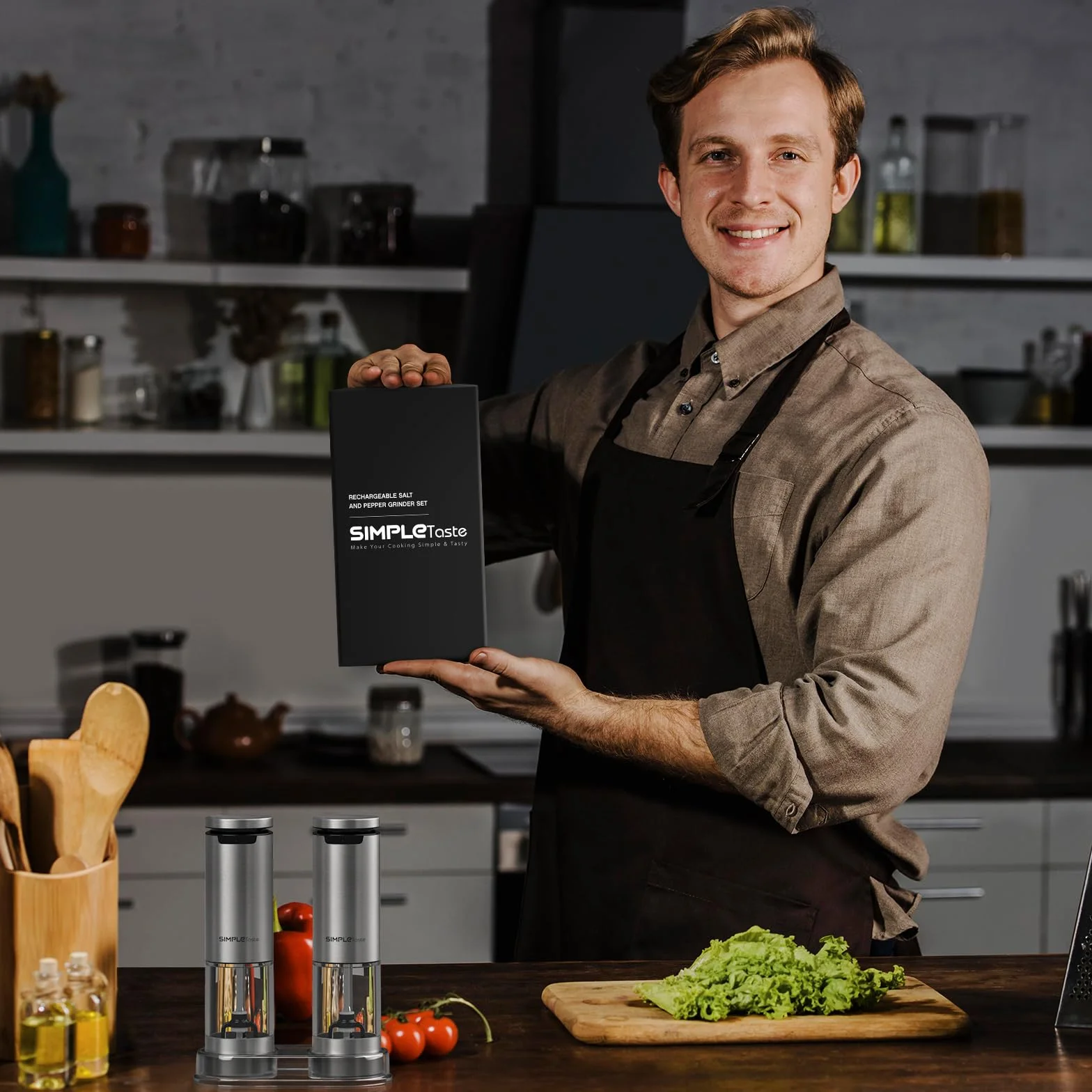 SIMPLETASTE Zestaw Elektrycznych Młynków do Pieprzu i Soli z Regulacją Grubości Mielenia, Ładowanie USB-C, LED, 2 sztuki